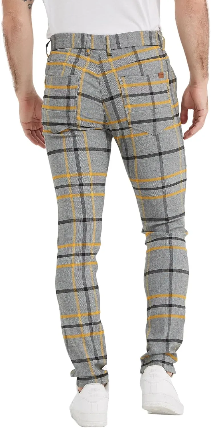 Plaid&Plain Men's Plaid Pants Skinny Dress Pants for Men Skinny Chino Pants Men