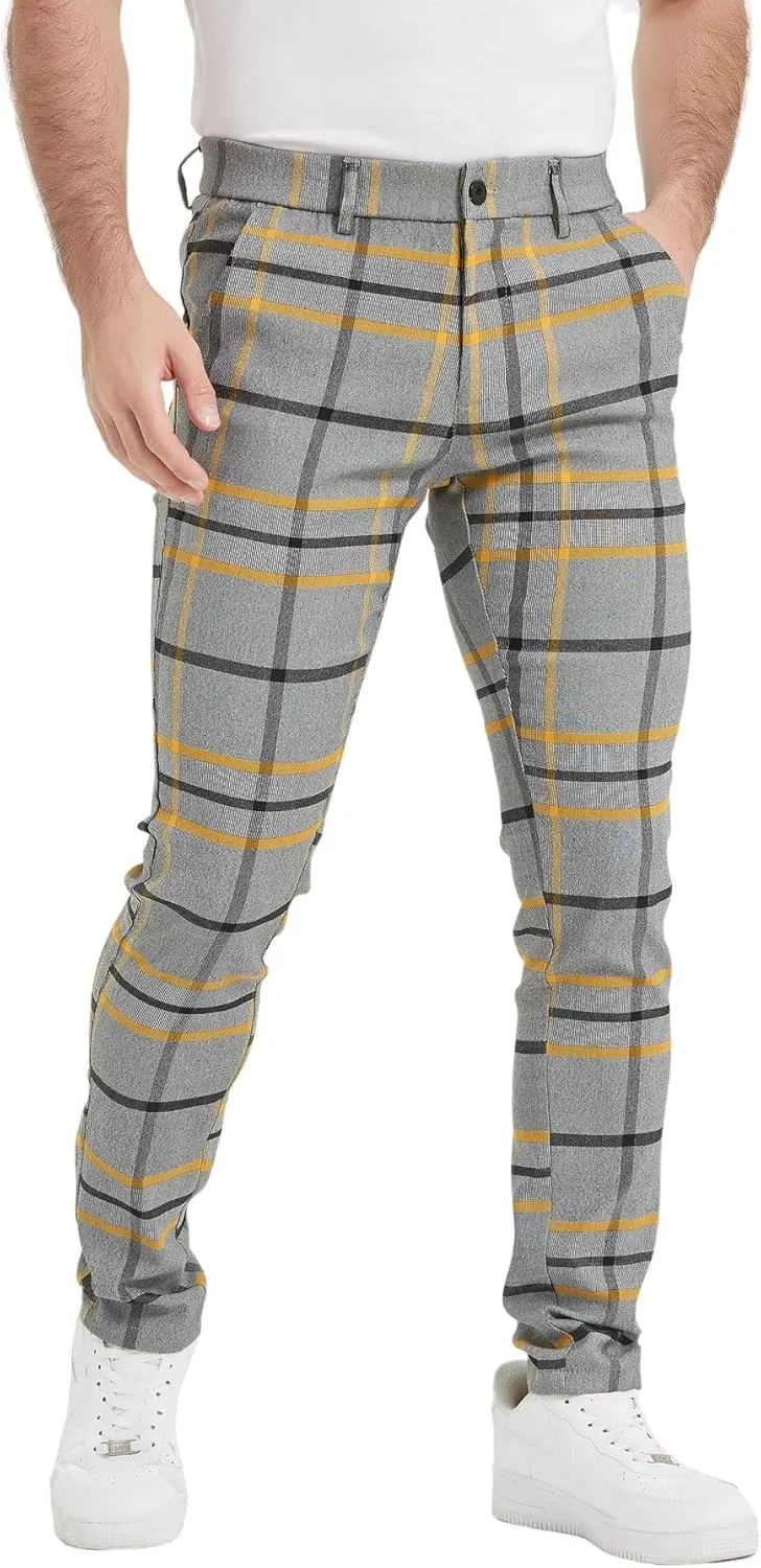 Plaid&Plain Men's Plaid Pants Skinny Dress Pants for Men Skinny Chino Pants Men