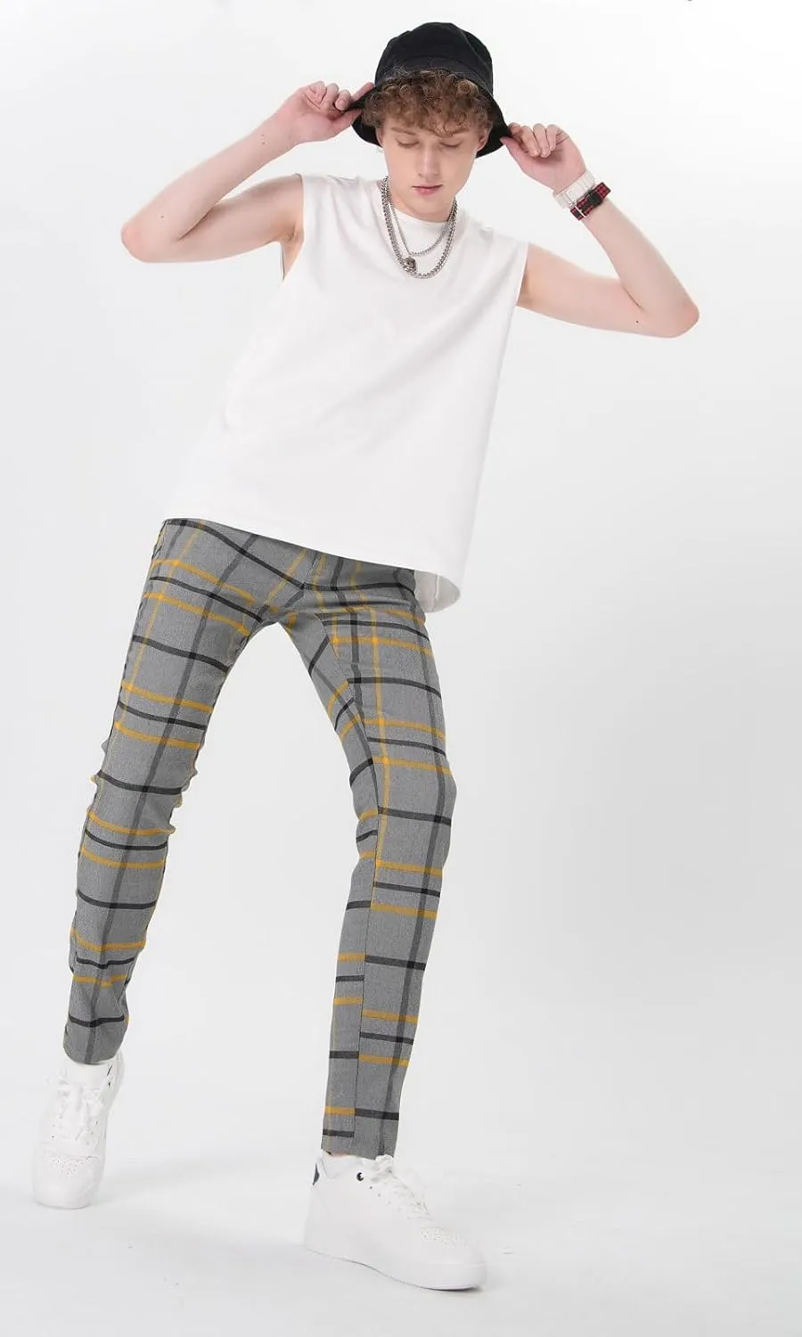 Plaid&Plain Men's Plaid Pants Skinny Dress Pants for Men Skinny Chino Pants Men