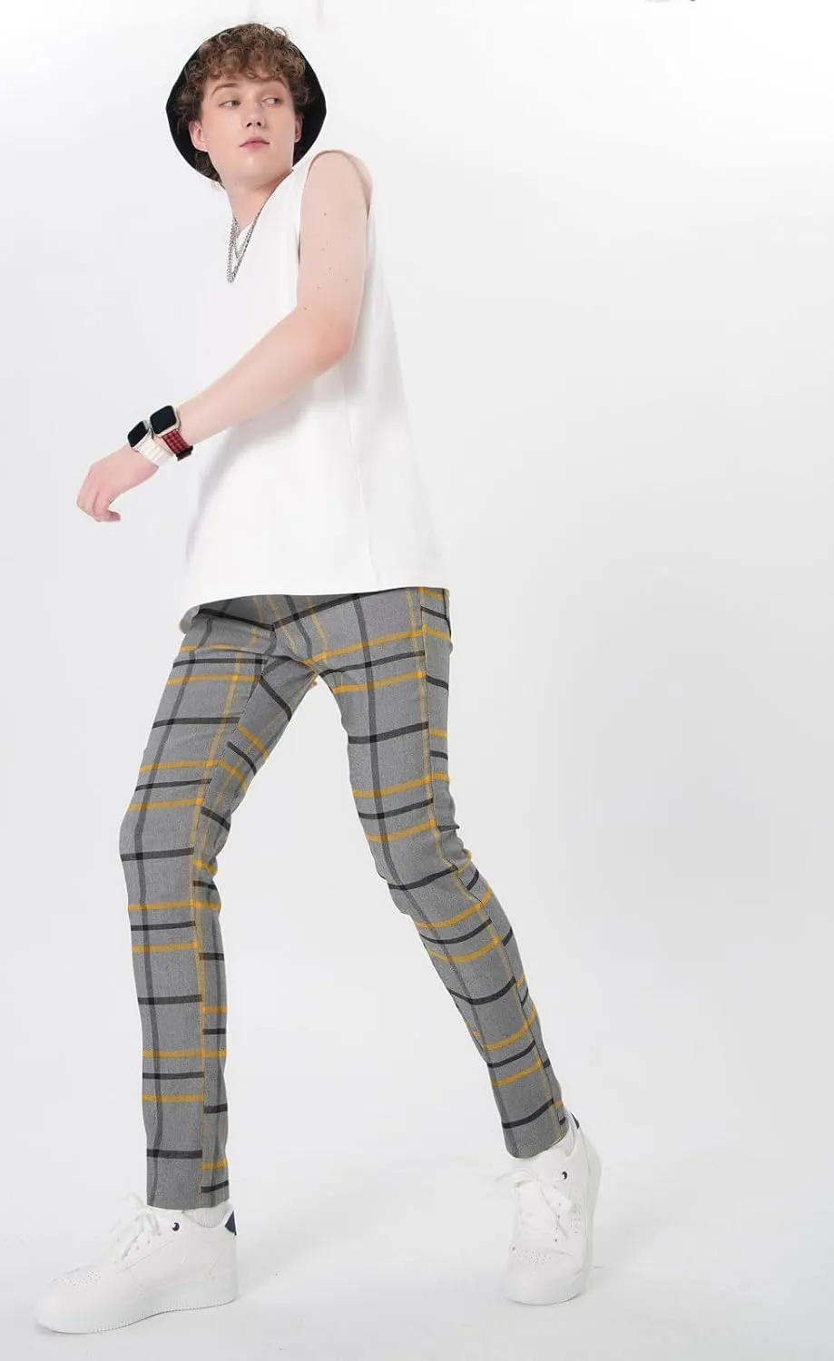Plaid&Plain Men's Plaid Pants Skinny Dress Pants for Men Skinny Chino Pants Men