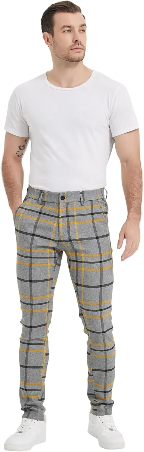 Plaid&Plain Men's Plaid Pants Skinny Dress Pants for Men Skinny Chino Pants Men