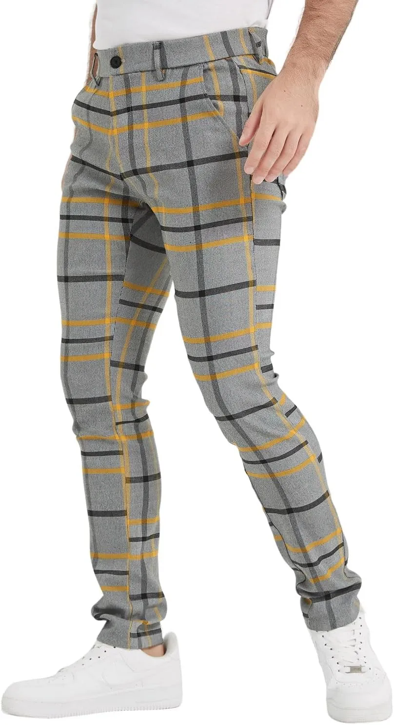 Plaid&Plain Men's Plaid Pants Skinny Dress Pants for Men Skinny Chino Pants Men