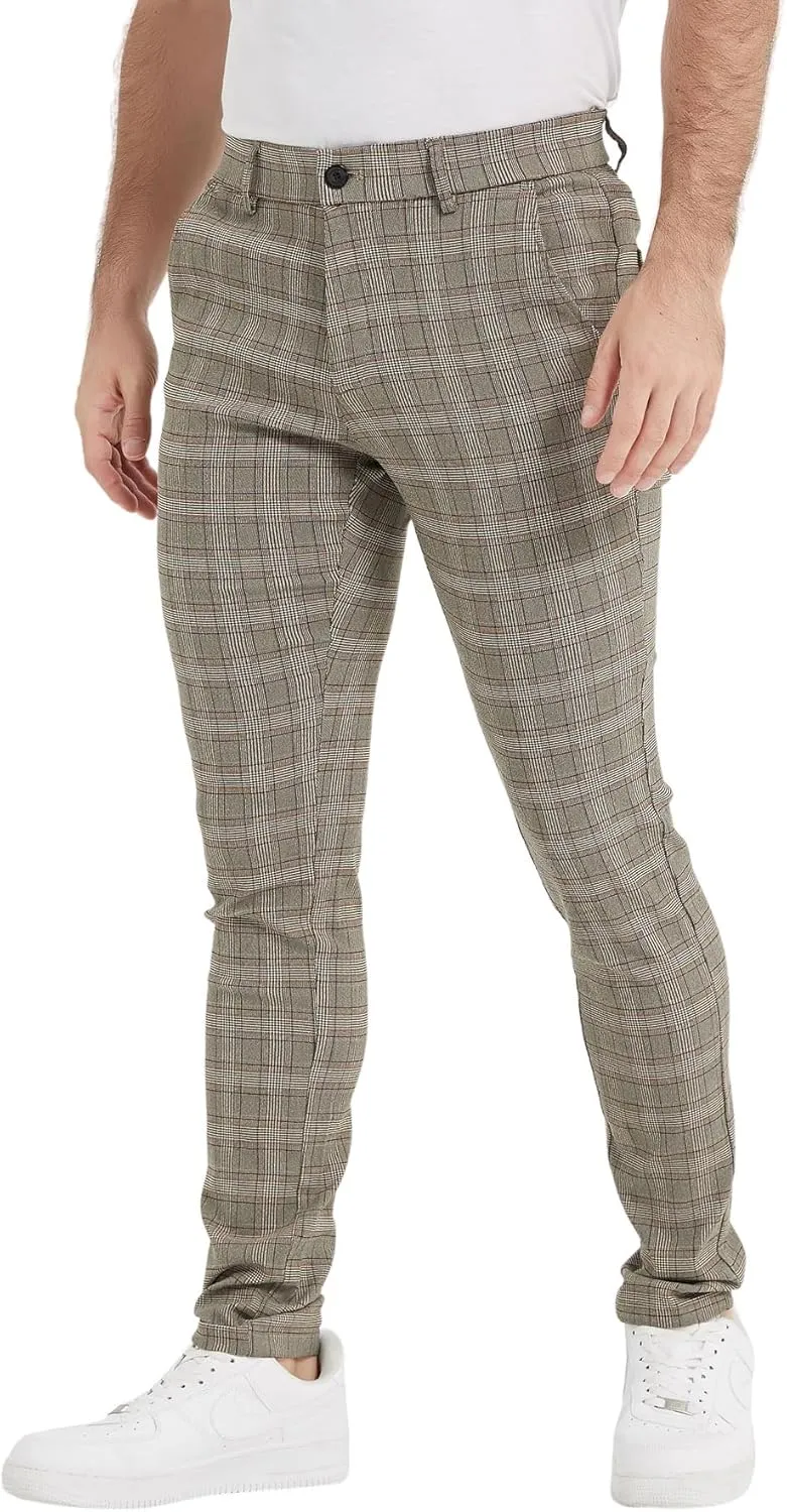Plaid&Plain Men's Plaid Pants Skinny Dress Pants for Men Skinny Chino Pants Men