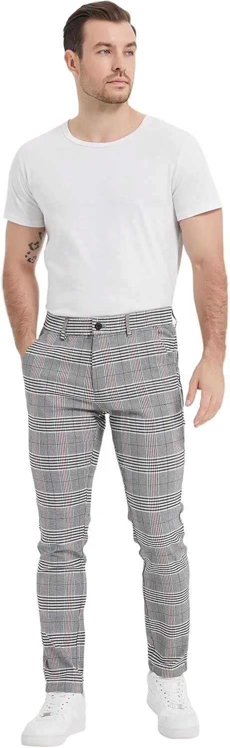 Plaid&Plain Men's Plaid Pants Skinny Dress Pants for Men Skinny Chino Pants Men