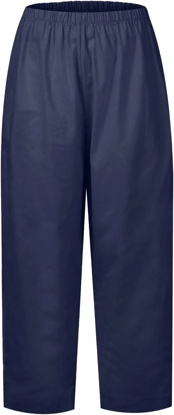 Plus Size Linen Cropped Pants for Women Summer Petite Lightweight Wide Leg Palazzo Elastic Waist Ladies Capri Pants