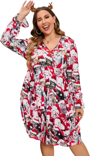Plus Size Women's Casual V Neck A-Line Swing Wrap Skirt Flowy Midi Dress
