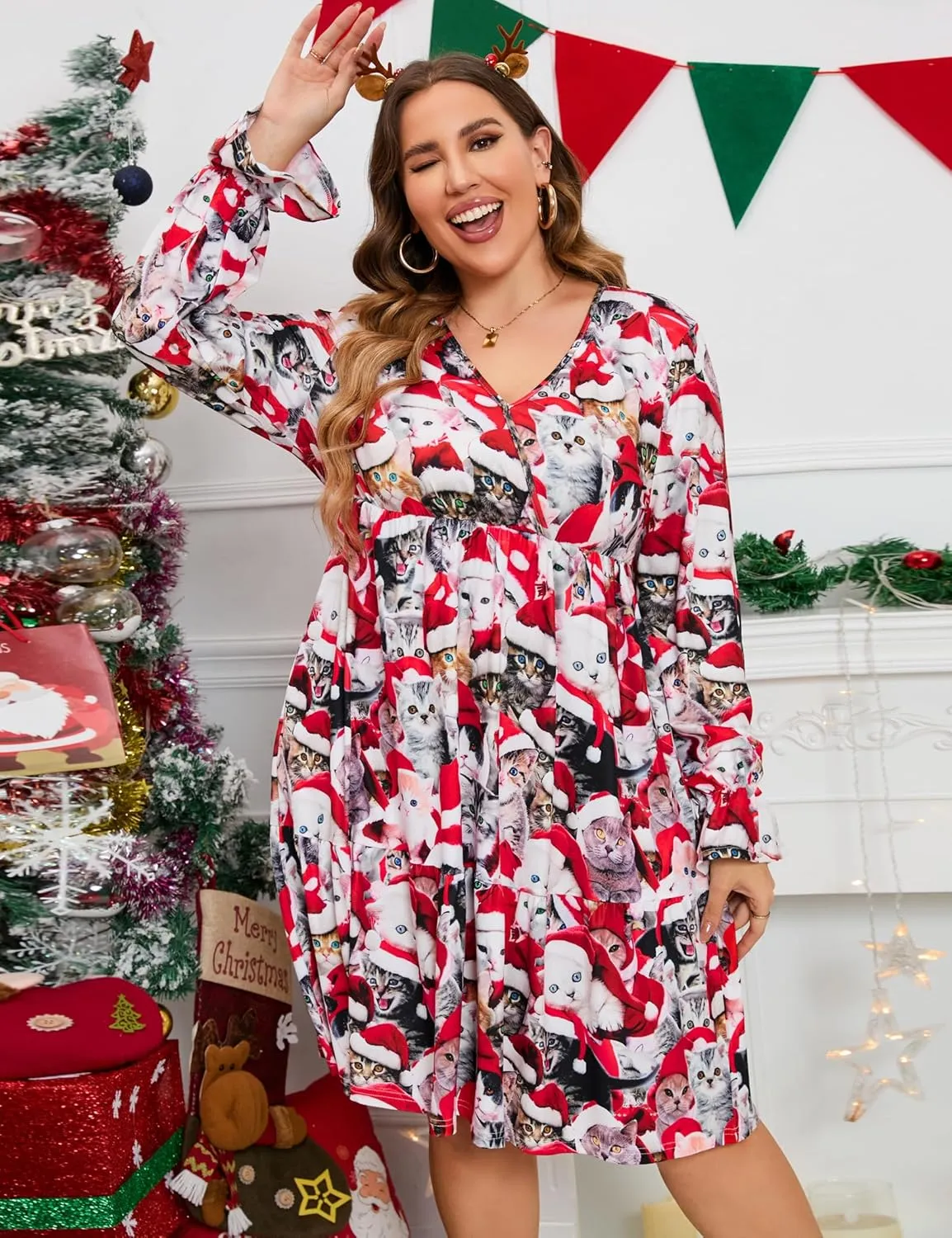 Plus Size Women's Casual V Neck A-Line Swing Wrap Skirt Flowy Midi Dress