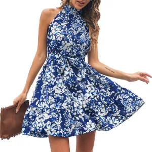 Pluto & Fox Women 's Summer Boho Halter Mini Dress Mock Neck Sleeveless Tie Waist A-Line Ruffle Swing Mini Dress