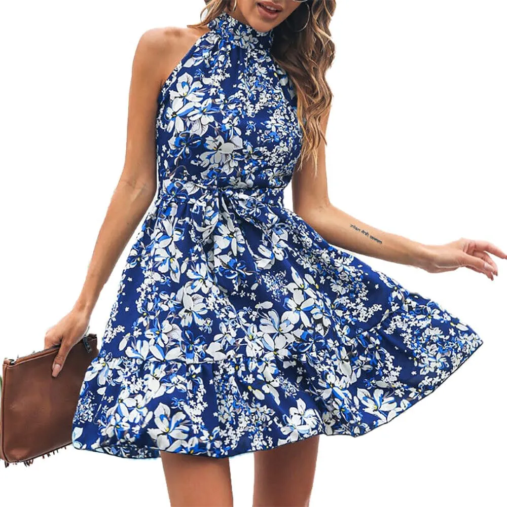 Pluto & Fox Women 's Summer Boho Halter Mini Dress Mock Neck Sleeveless Tie Waist A-Line Ruffle Swing Mini Dress