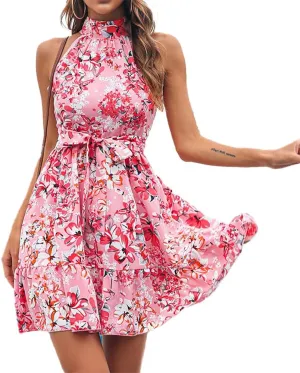 Pluto & Fox Women 's Summer Boho Halter Mini Dress Mock Neck Sleeveless Tie Waist A-Line Ruffle Swing Mini Dress