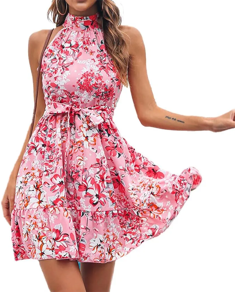 Pluto & Fox Women 's Summer Boho Halter Mini Dress Mock Neck Sleeveless Tie Waist A-Line Ruffle Swing Mini Dress