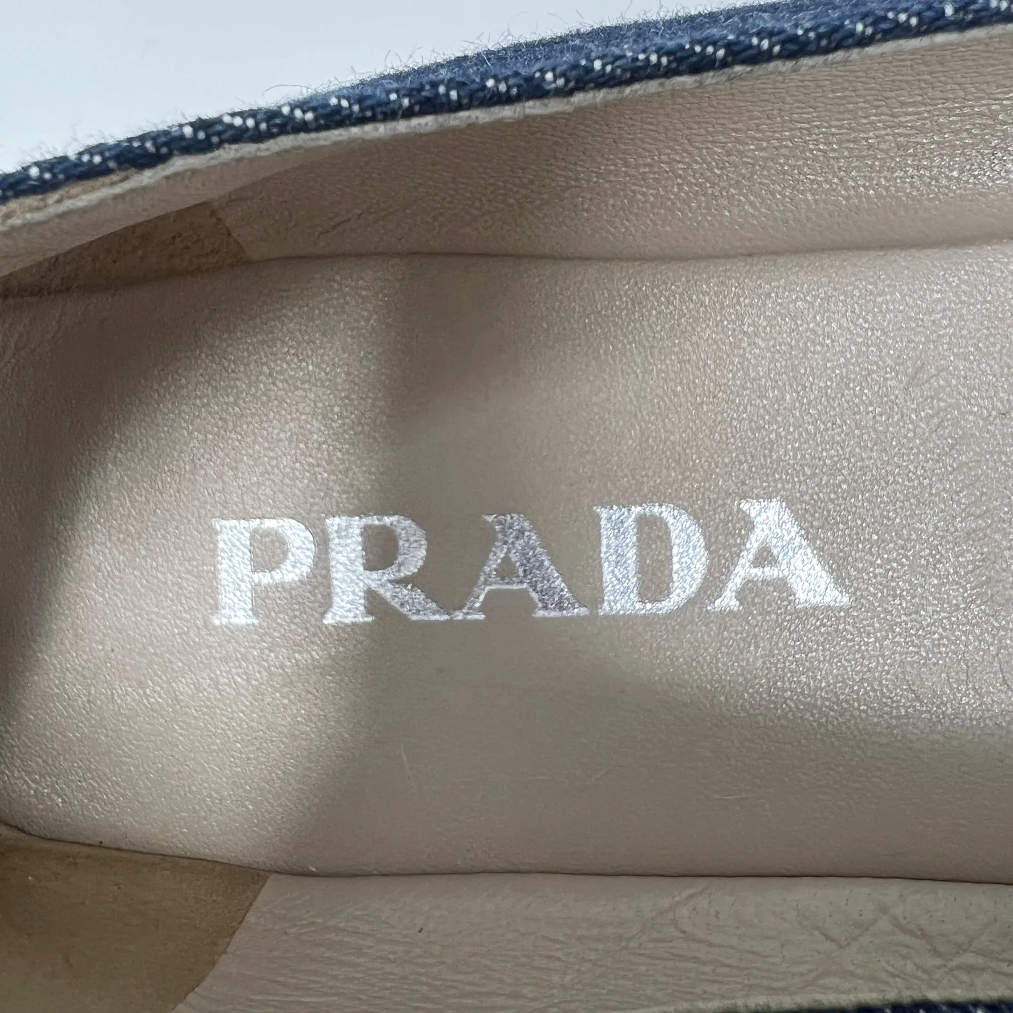 Prada Embroidered Logo Blue Denim Cap Toe Espadrilles Flats Size EU 38.5
