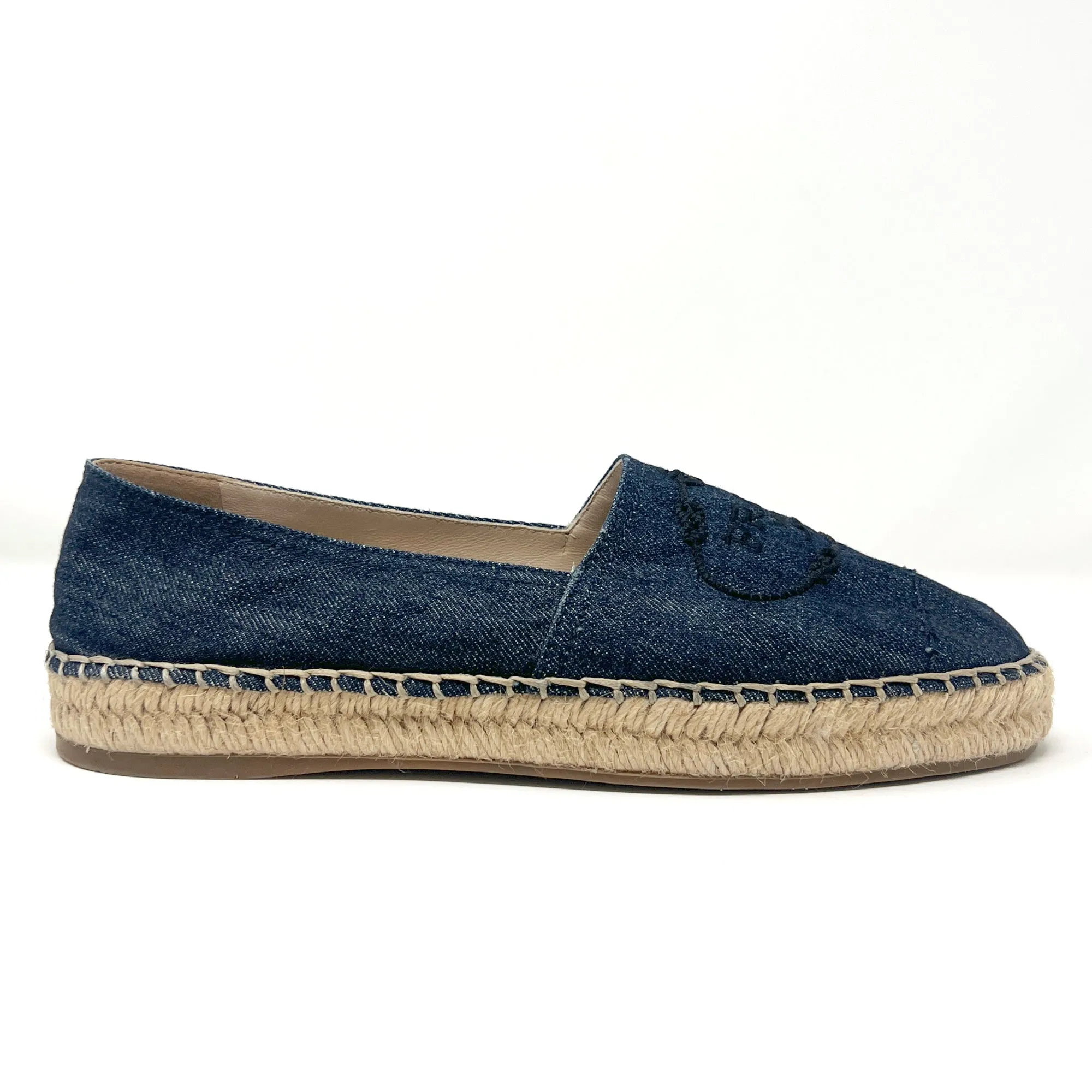 Prada Embroidered Logo Blue Denim Cap Toe Espadrilles Flats Size EU 38.5