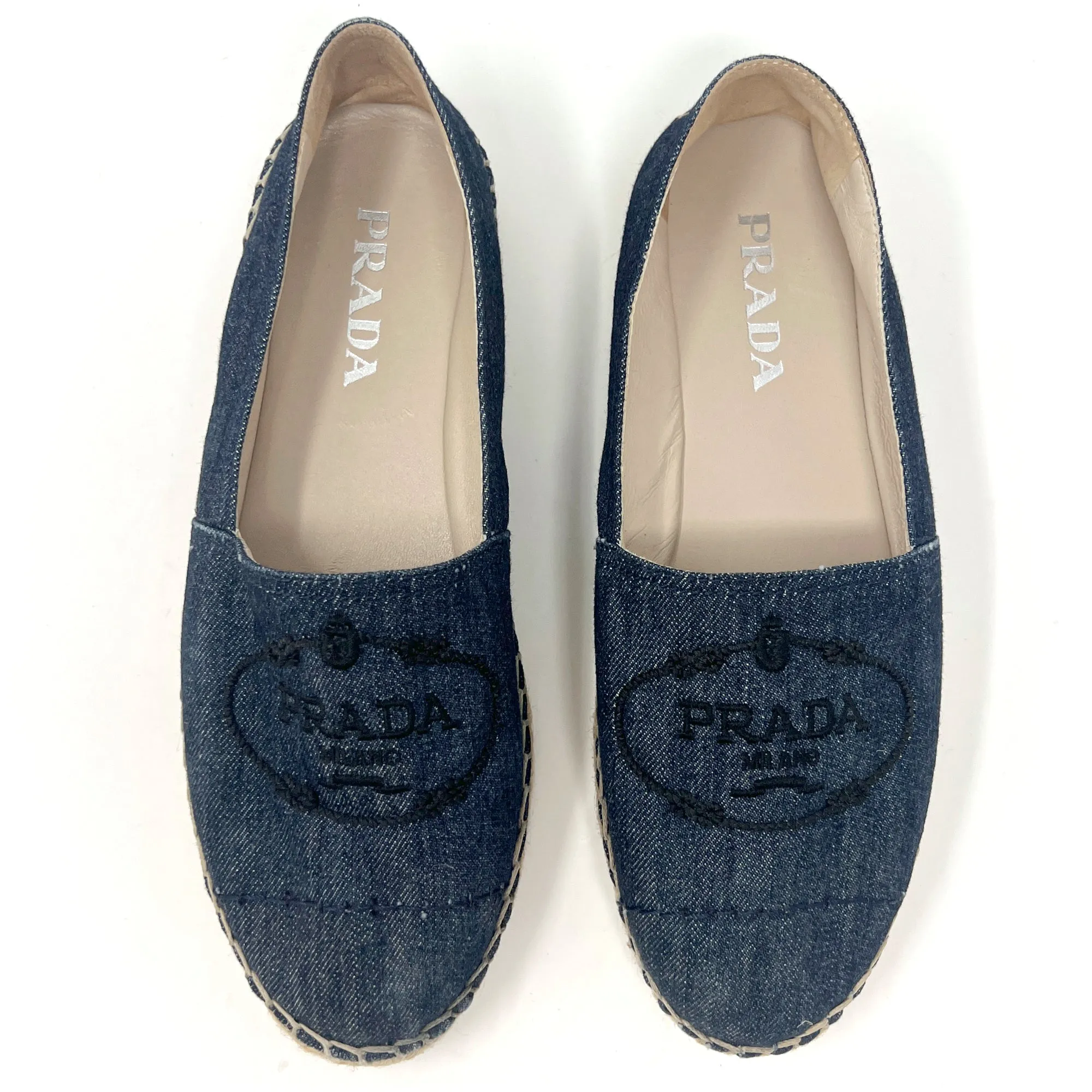 Prada Embroidered Logo Blue Denim Cap Toe Espadrilles Flats Size EU 38.5