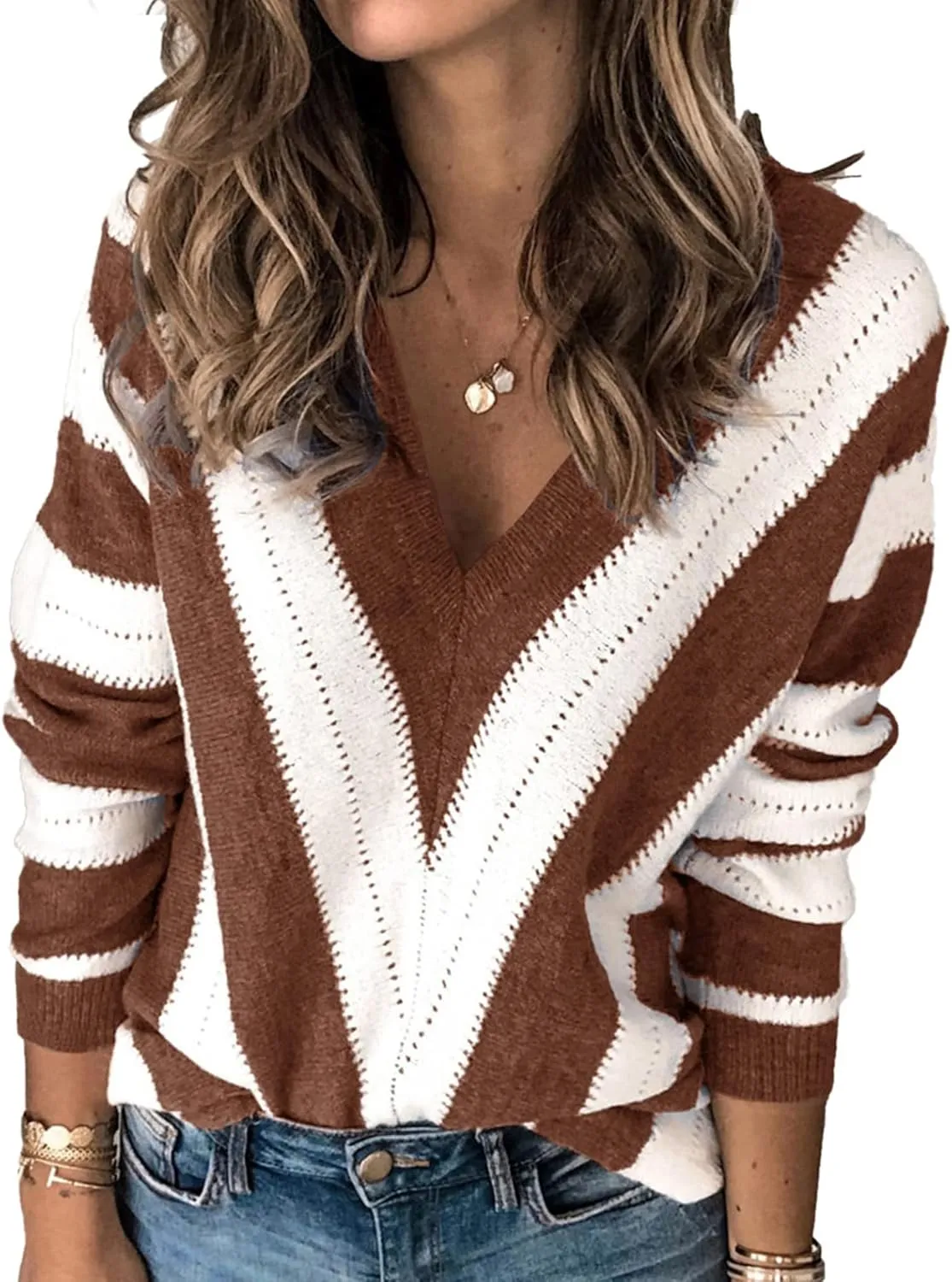 PRETTYGARDEN Women's Fashion Long Sleeve Striped Color Block Knitted Sweater Crew Neck Loose Pullover Jumper Tops