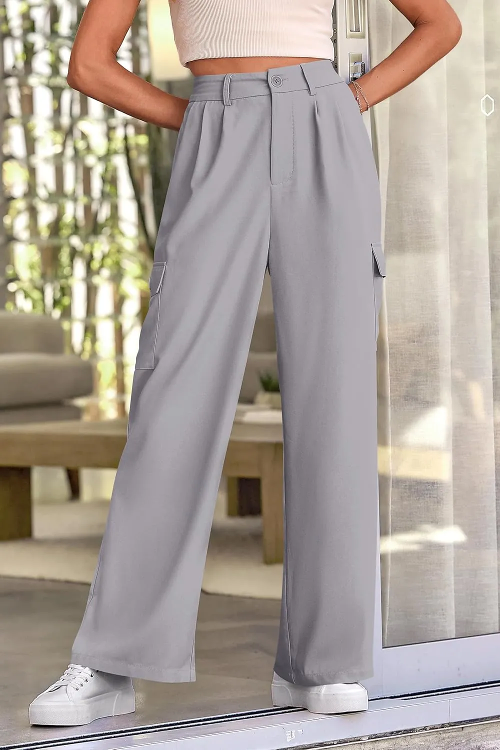 PRETTYGARDEN Women's Wide Leg Cargo Pants High Waist Business Casual Trousers Pant with Pockets