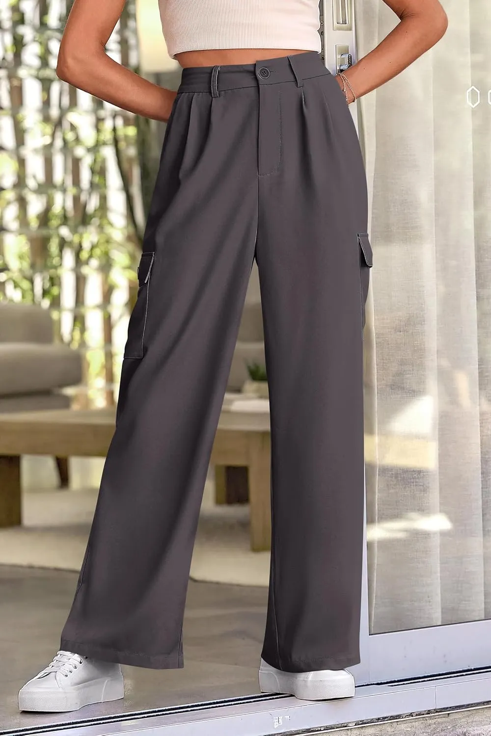 PRETTYGARDEN Women's Wide Leg Cargo Pants High Waist Business Casual Trousers Pant with Pockets