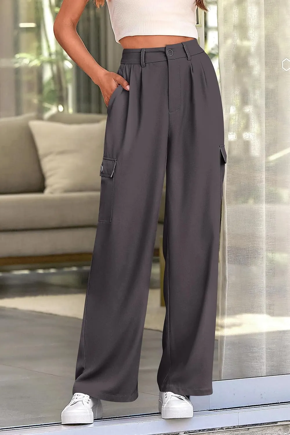PRETTYGARDEN Women's Wide Leg Cargo Pants High Waist Business Casual Trousers Pant with Pockets