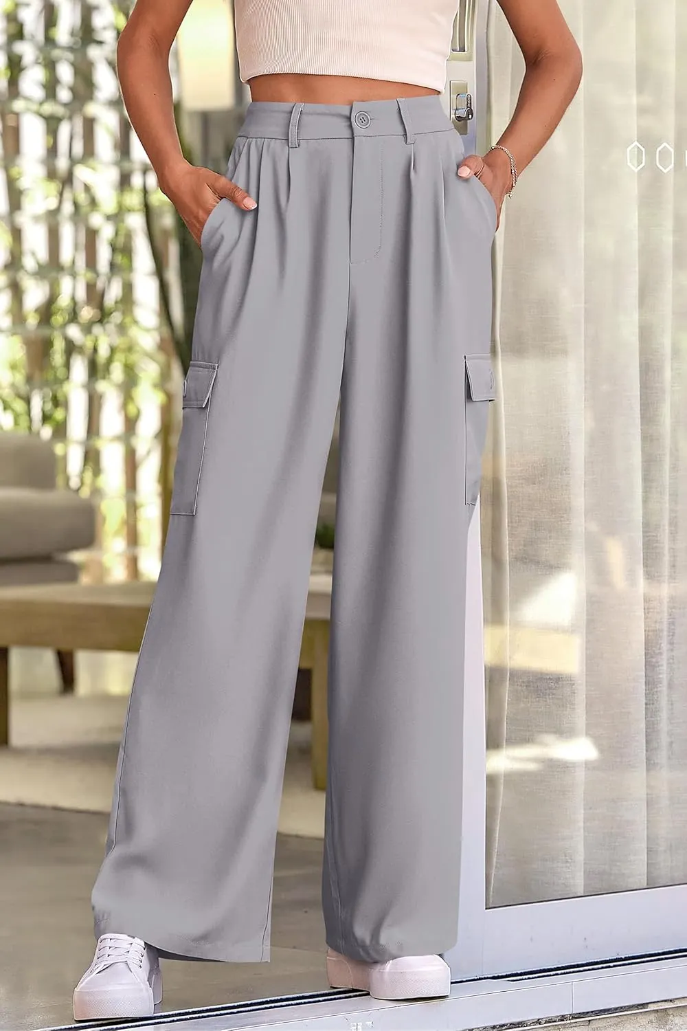 PRETTYGARDEN Women's Wide Leg Cargo Pants High Waist Business Casual Trousers Pant with Pockets