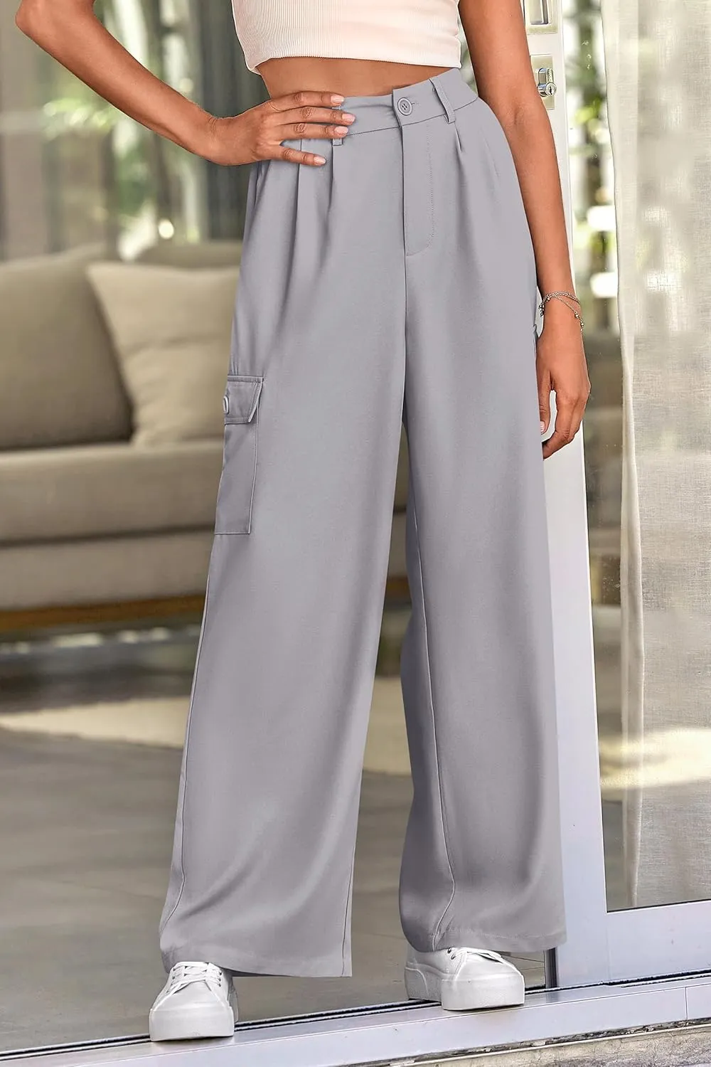 PRETTYGARDEN Women's Wide Leg Cargo Pants High Waist Business Casual Trousers Pant with Pockets