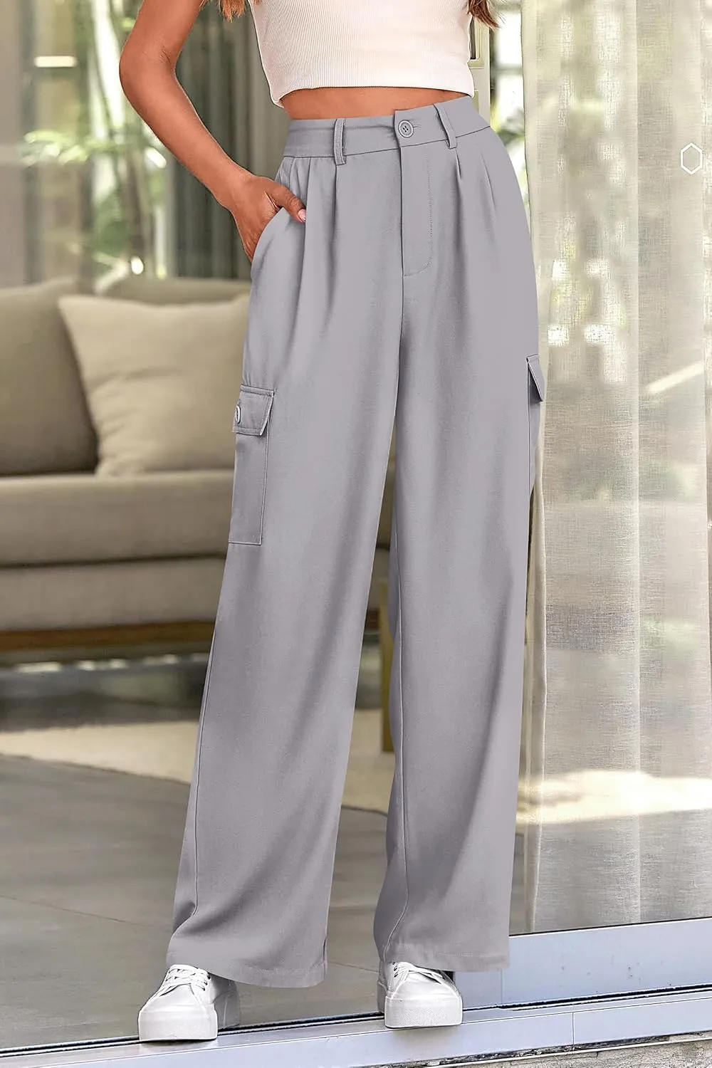 PRETTYGARDEN Women's Wide Leg Cargo Pants High Waist Business Casual Trousers Pant with Pockets