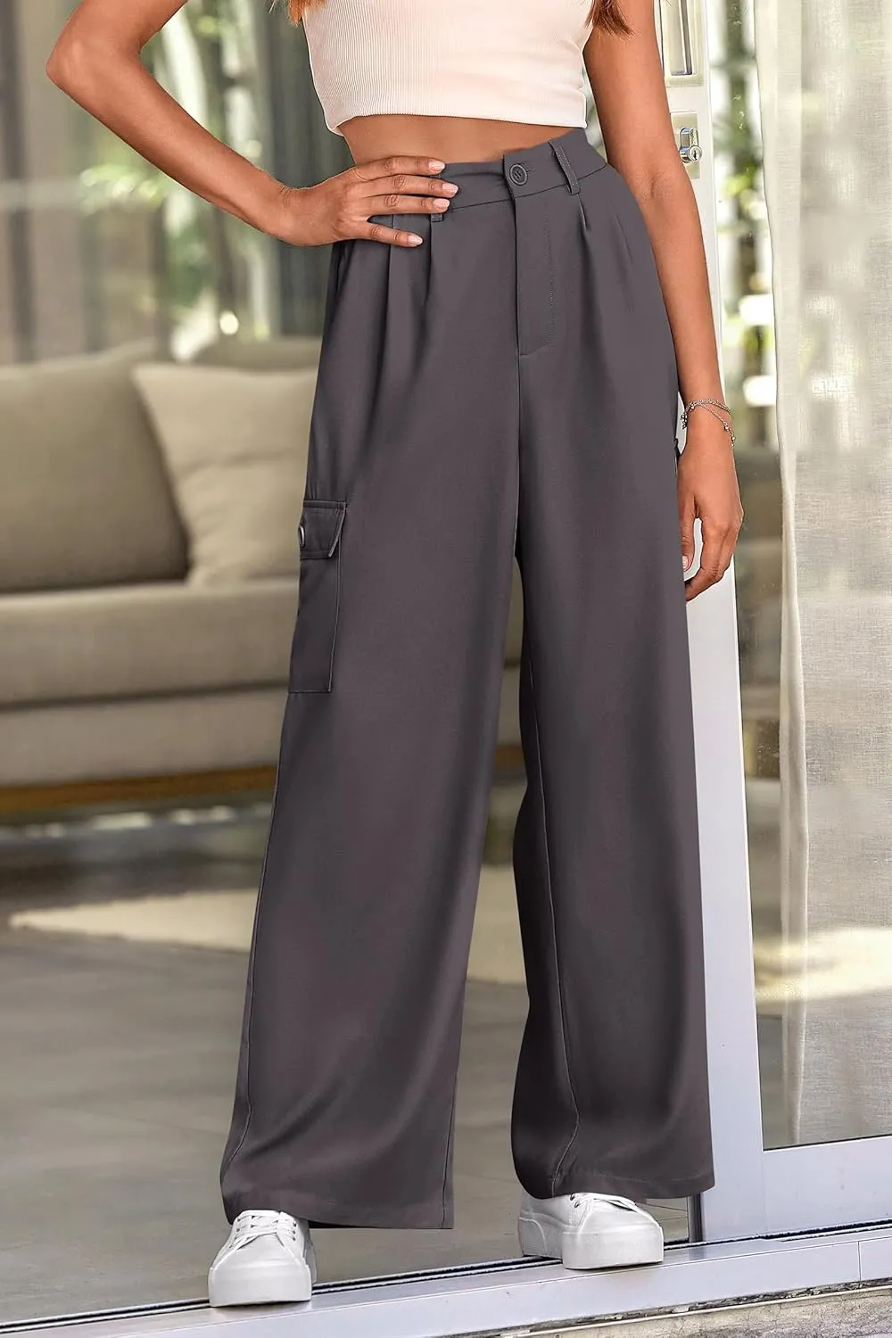 PRETTYGARDEN Women's Wide Leg Cargo Pants High Waist Business Casual Trousers Pant with Pockets