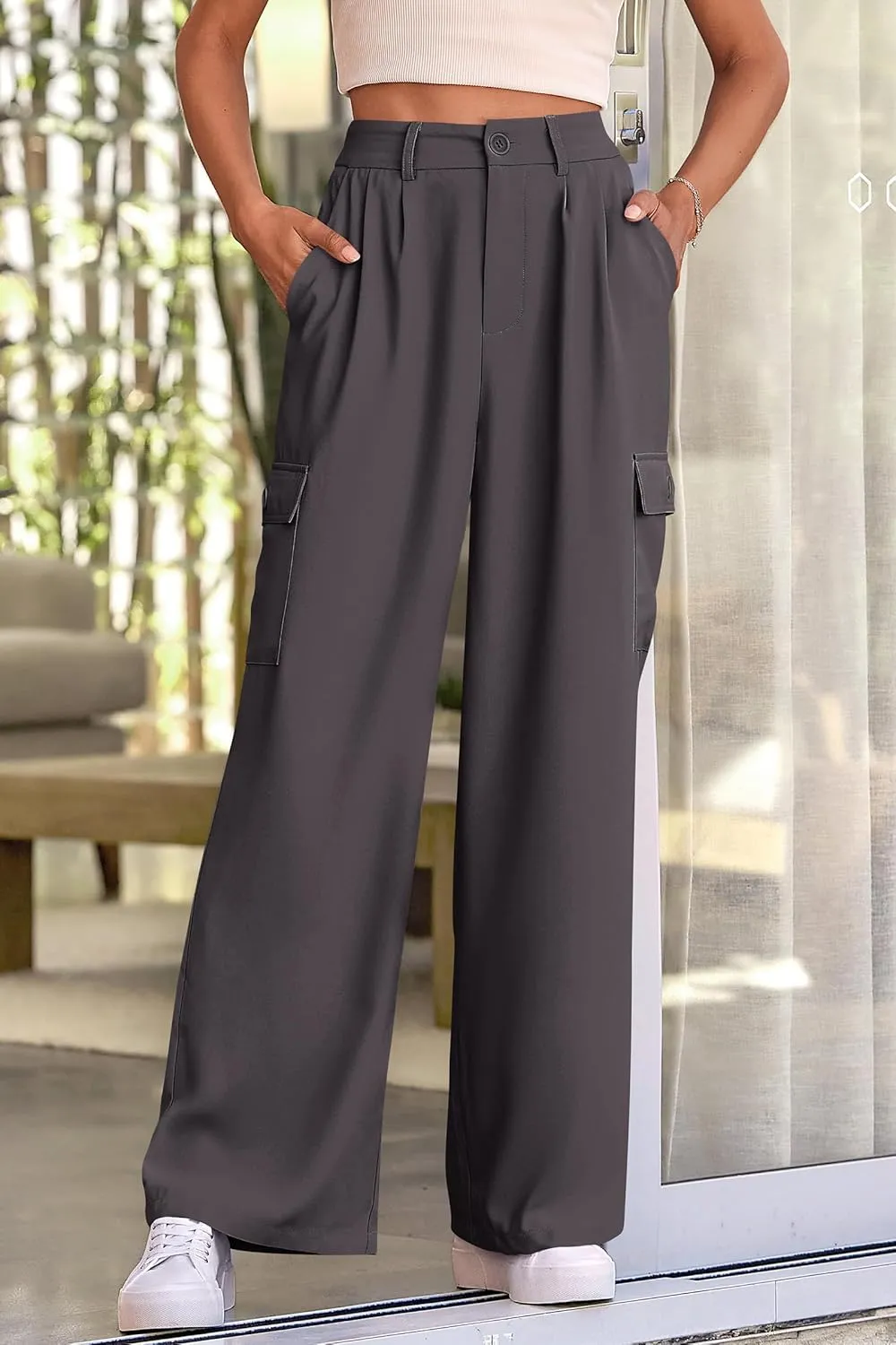 PRETTYGARDEN Women's Wide Leg Cargo Pants High Waist Business Casual Trousers Pant with Pockets