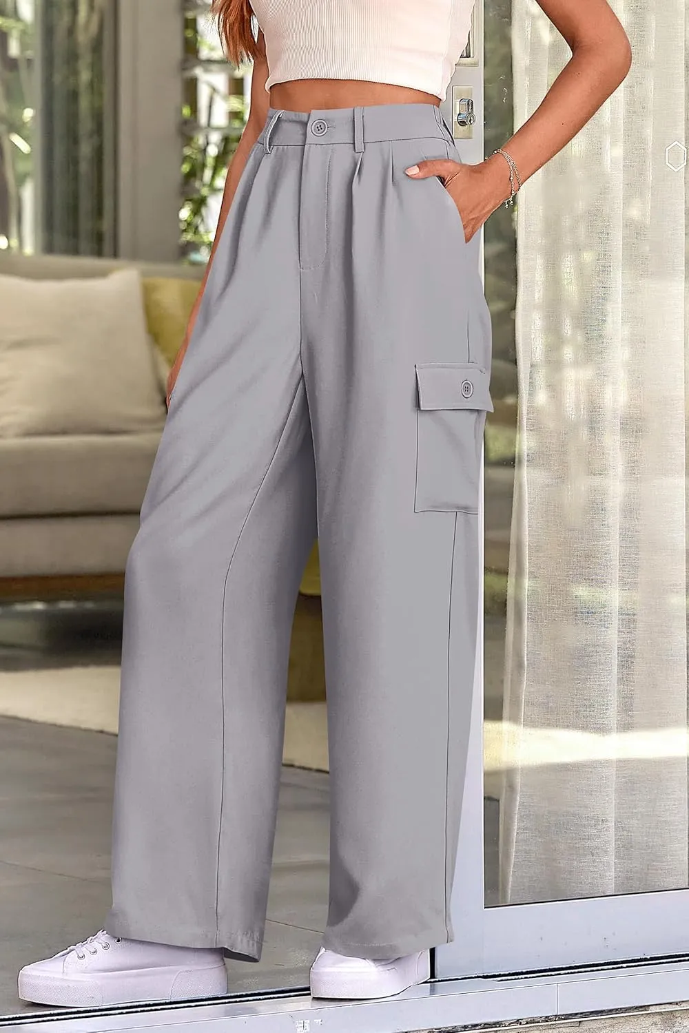 PRETTYGARDEN Women's Wide Leg Cargo Pants High Waist Business Casual Trousers Pant with Pockets