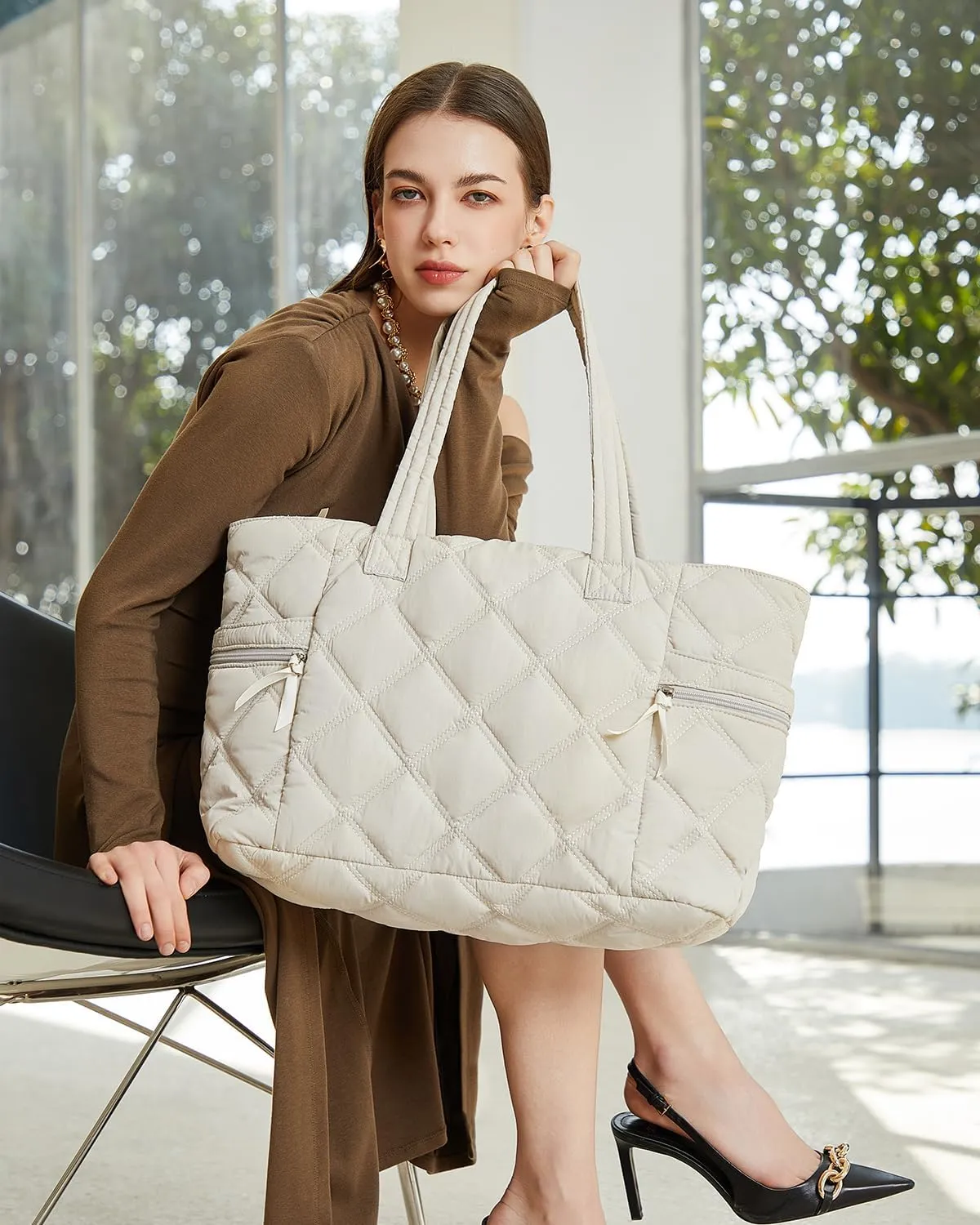 Prite Quilted Tote Bag for Women, Lightweight Puffer Tote with Zipper, Travel Work Nurse Gym Bag