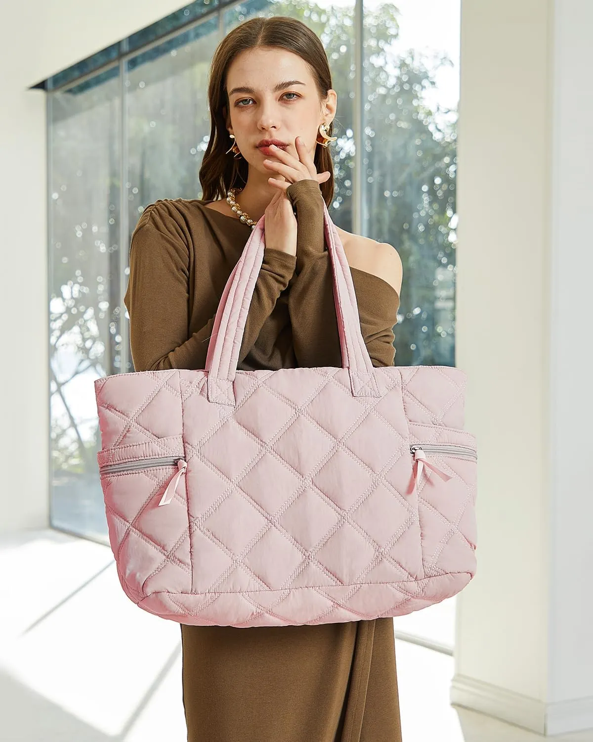 Prite Quilted Tote Bag for Women, Lightweight Puffer Tote with Zipper, Travel Work Nurse Gym Bag