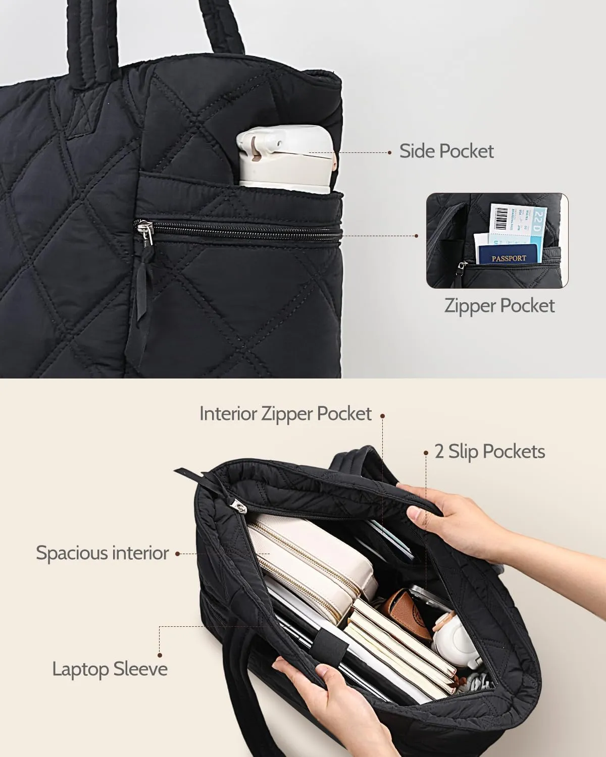 Prite Quilted Tote Bag for Women, Lightweight Puffer Tote with Zipper, Travel Work Nurse Gym Bag