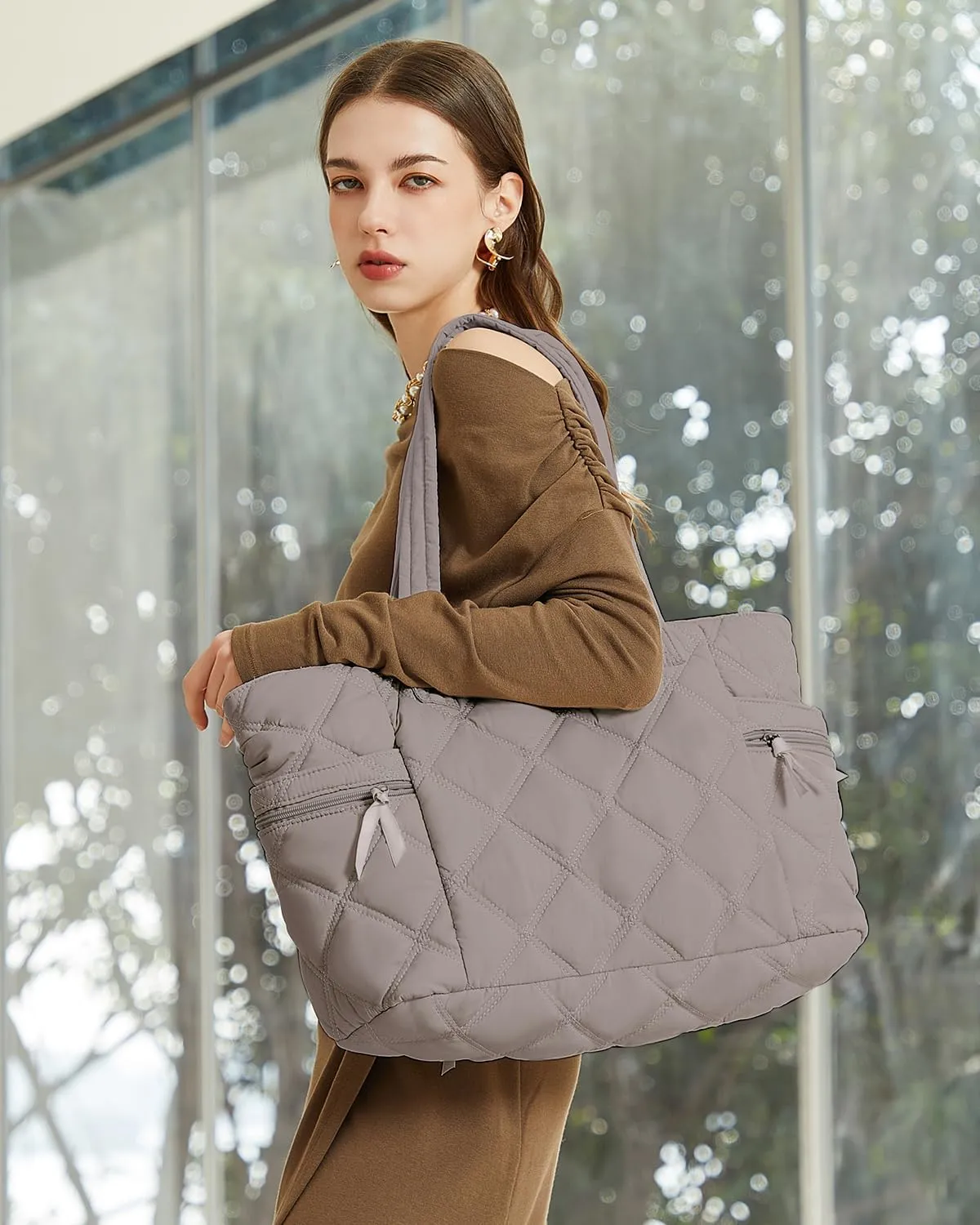Prite Quilted Tote Bag for Women, Lightweight Puffer Tote with Zipper, Travel Work Nurse Gym Bag