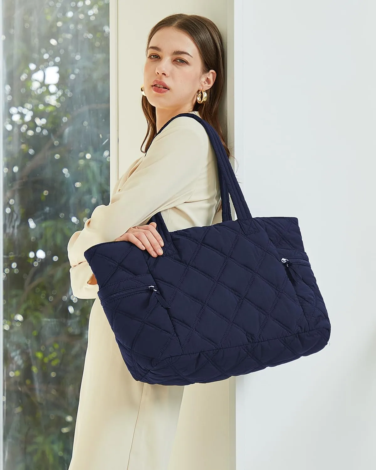Prite Quilted Tote Bag for Women, Lightweight Puffer Tote with Zipper, Travel Work Nurse Gym Bag