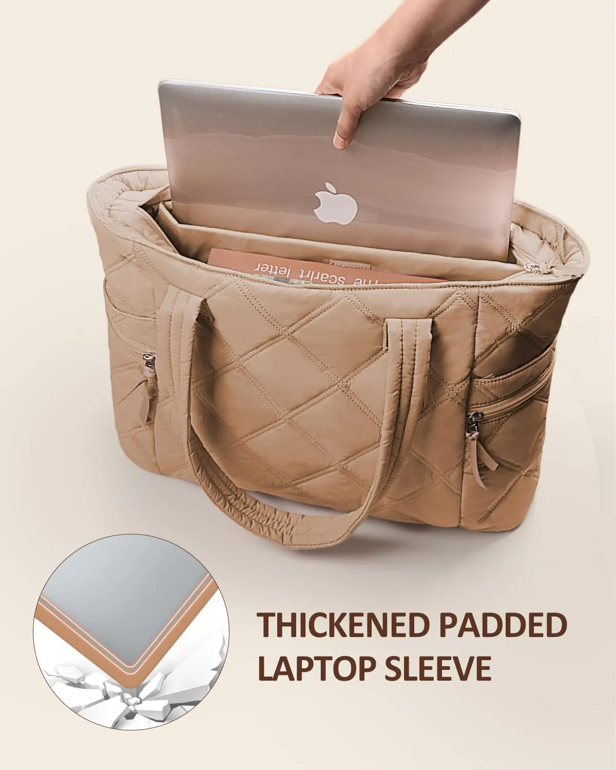 Prite Quilted Tote Bag for Women, Lightweight Puffer Tote with Zipper, Travel Work Nurse Gym Bag