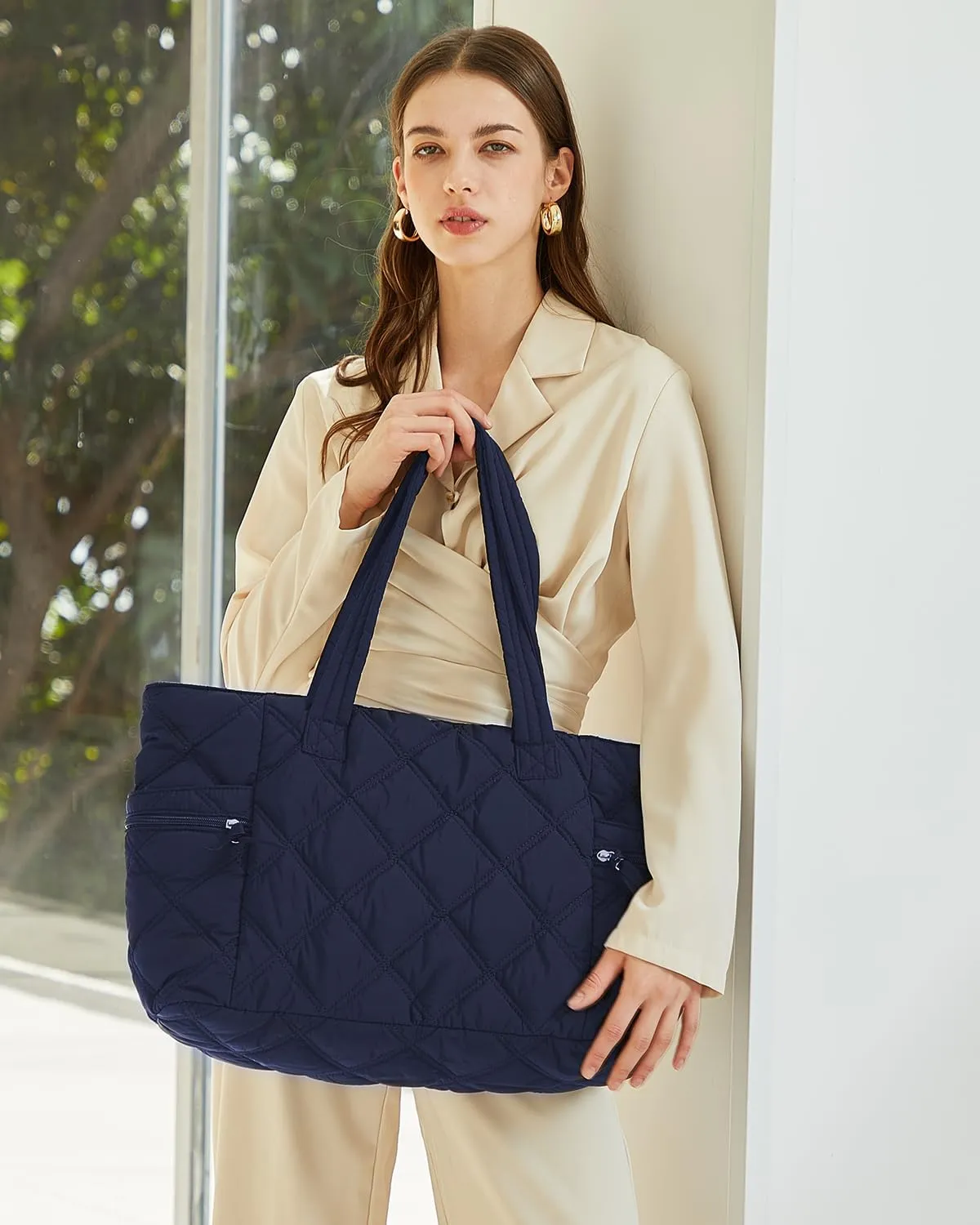 Prite Quilted Tote Bag for Women, Lightweight Puffer Tote with Zipper, Travel Work Nurse Gym Bag