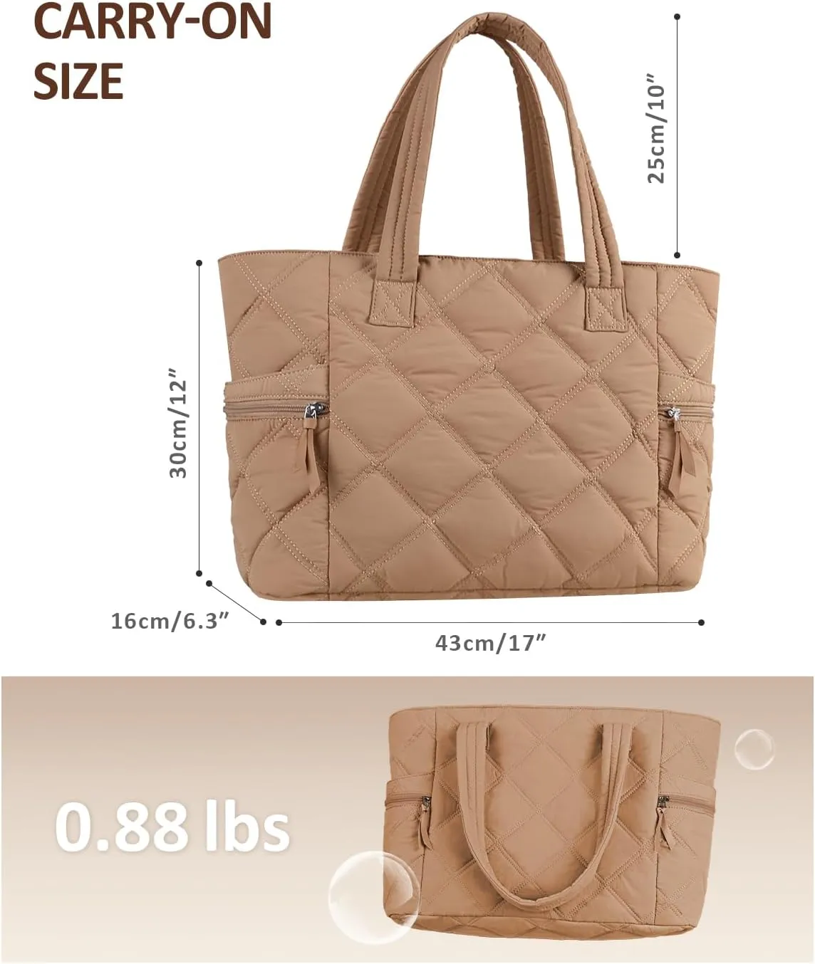 Prite Quilted Tote Bag for Women, Lightweight Puffer Tote with Zipper, Travel Work Nurse Gym Bag