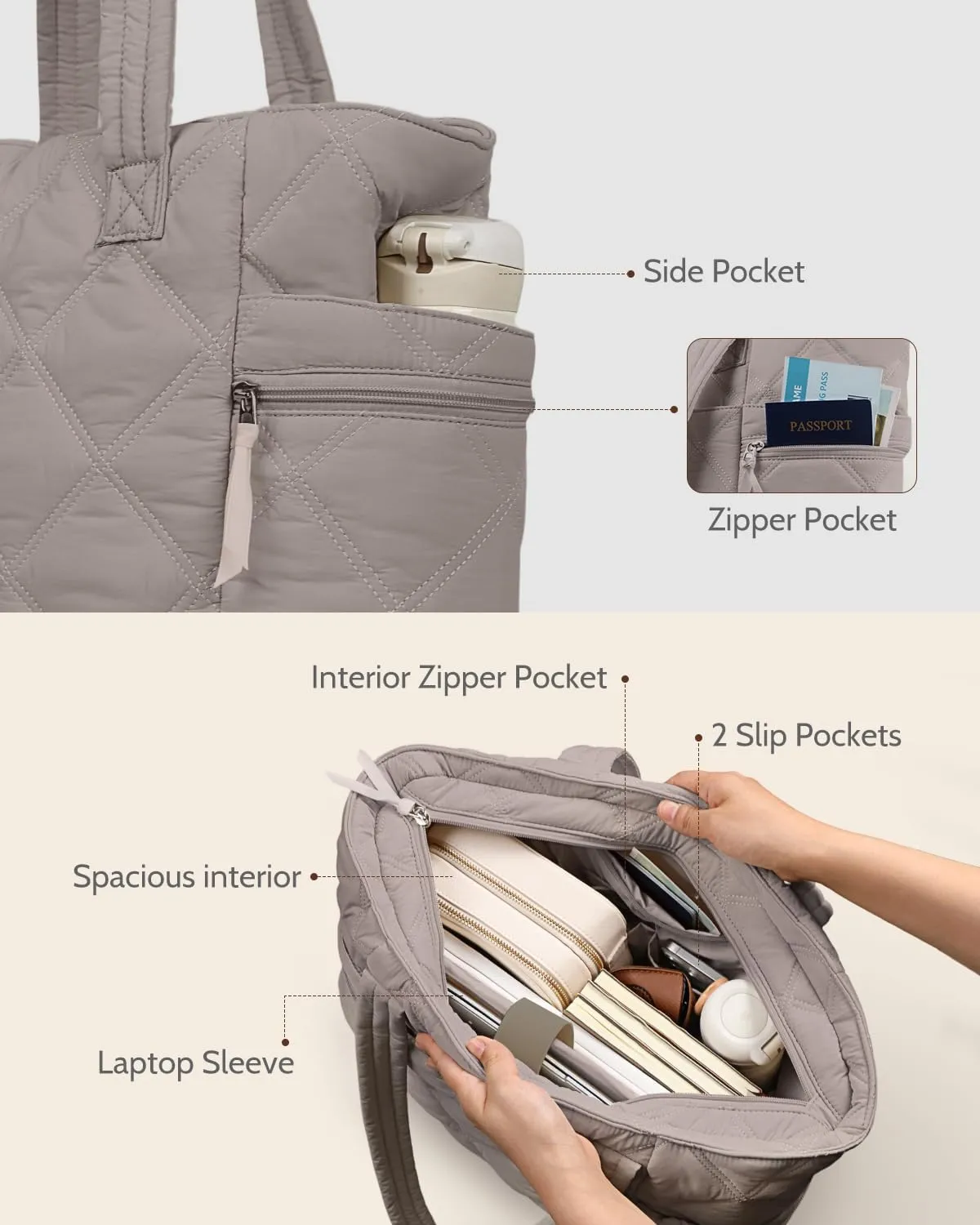 Prite Quilted Tote Bag for Women, Lightweight Puffer Tote with Zipper, Travel Work Nurse Gym Bag