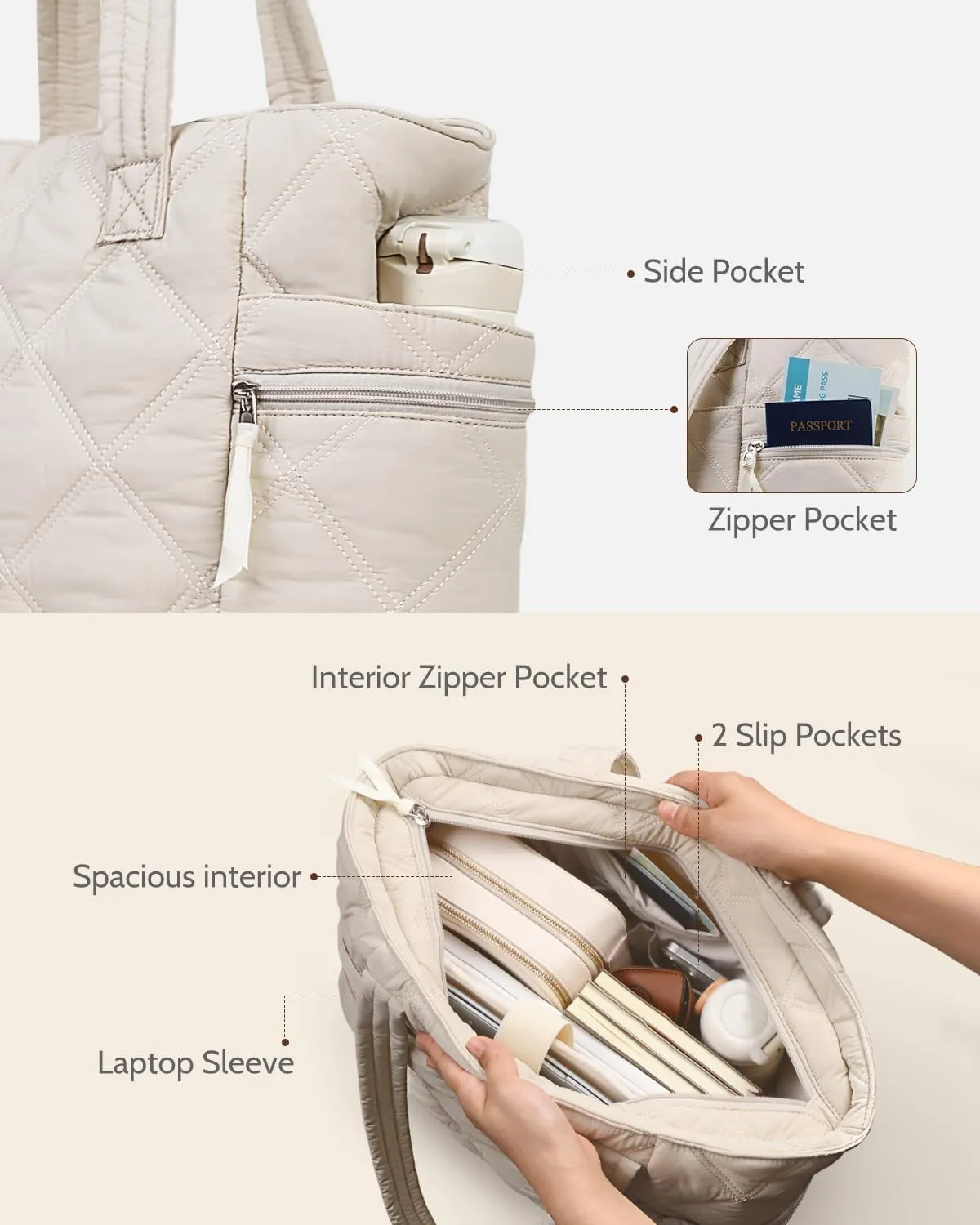 Prite Quilted Tote Bag for Women, Lightweight Puffer Tote with Zipper, Travel Work Nurse Gym Bag