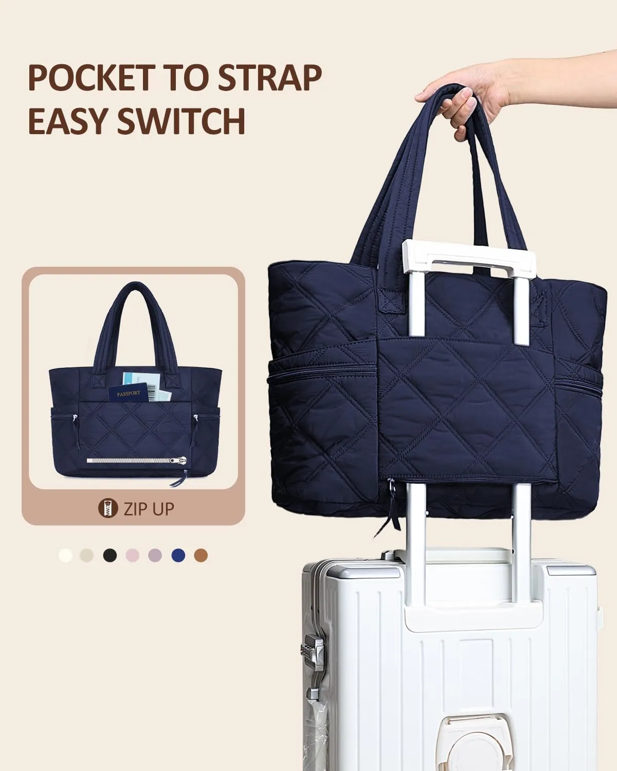 Prite Quilted Tote Bag for Women, Lightweight Puffer Tote with Zipper, Travel Work Nurse Gym Bag