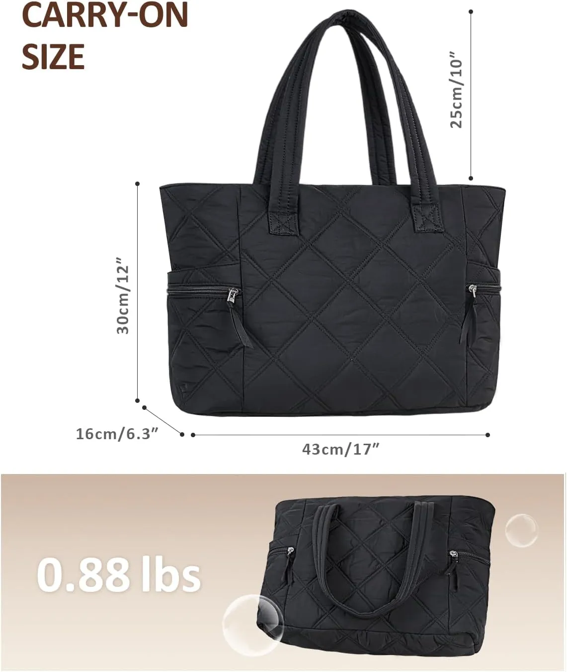 Prite Quilted Tote Bag for Women, Lightweight Puffer Tote with Zipper, Travel Work Nurse Gym Bag