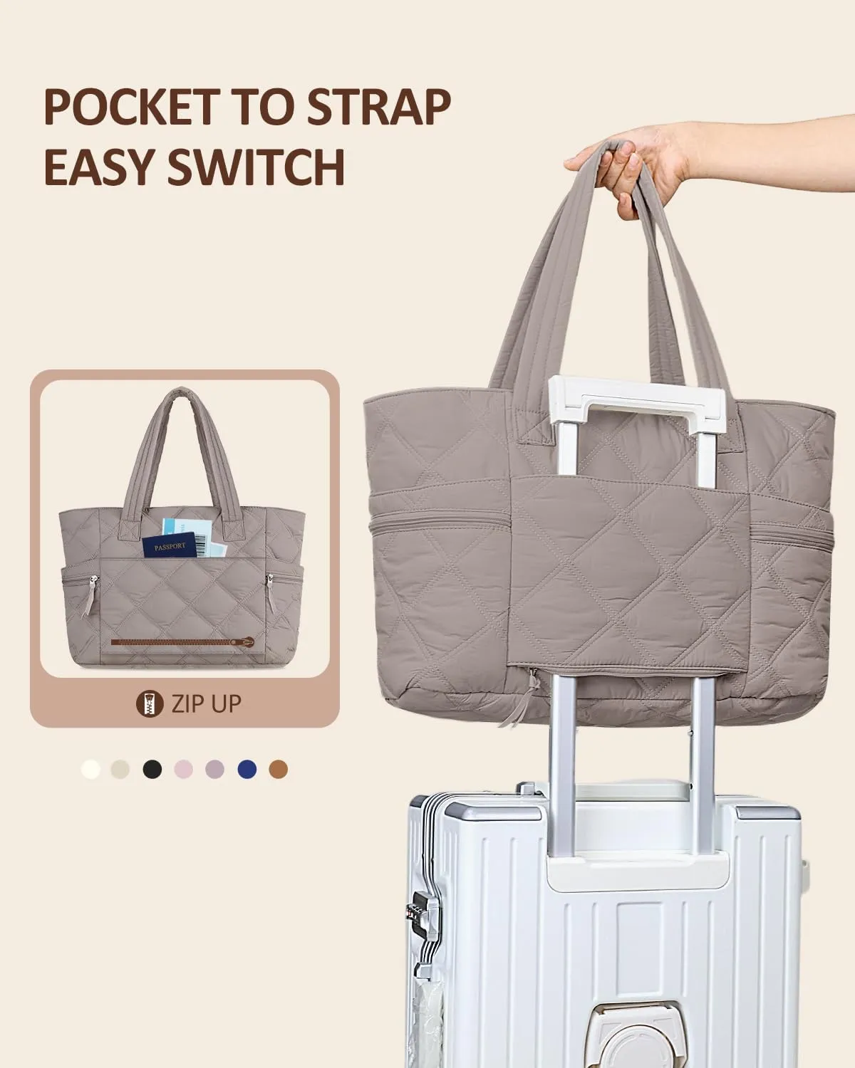 Prite Quilted Tote Bag for Women, Lightweight Puffer Tote with Zipper, Travel Work Nurse Gym Bag