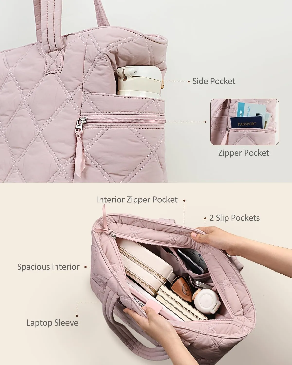 Prite Quilted Tote Bag for Women, Lightweight Puffer Tote with Zipper, Travel Work Nurse Gym Bag