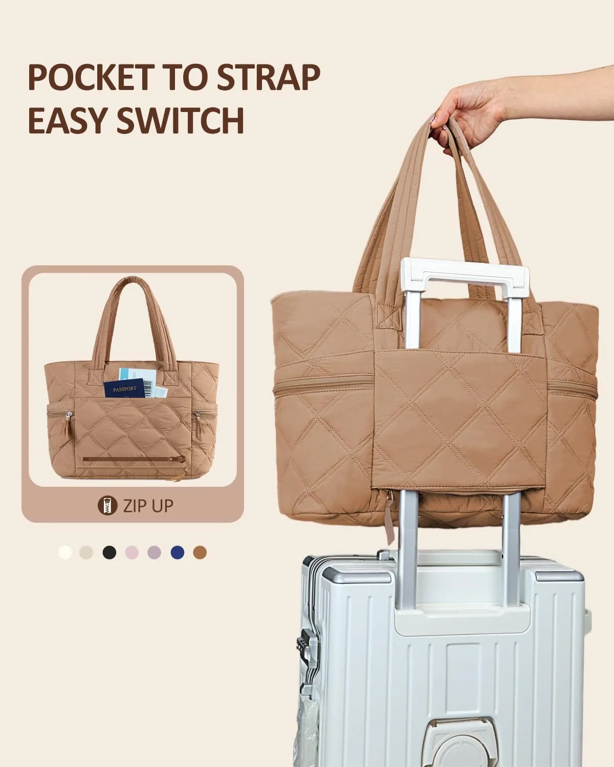 Prite Quilted Tote Bag for Women, Lightweight Puffer Tote with Zipper, Travel Work Nurse Gym Bag