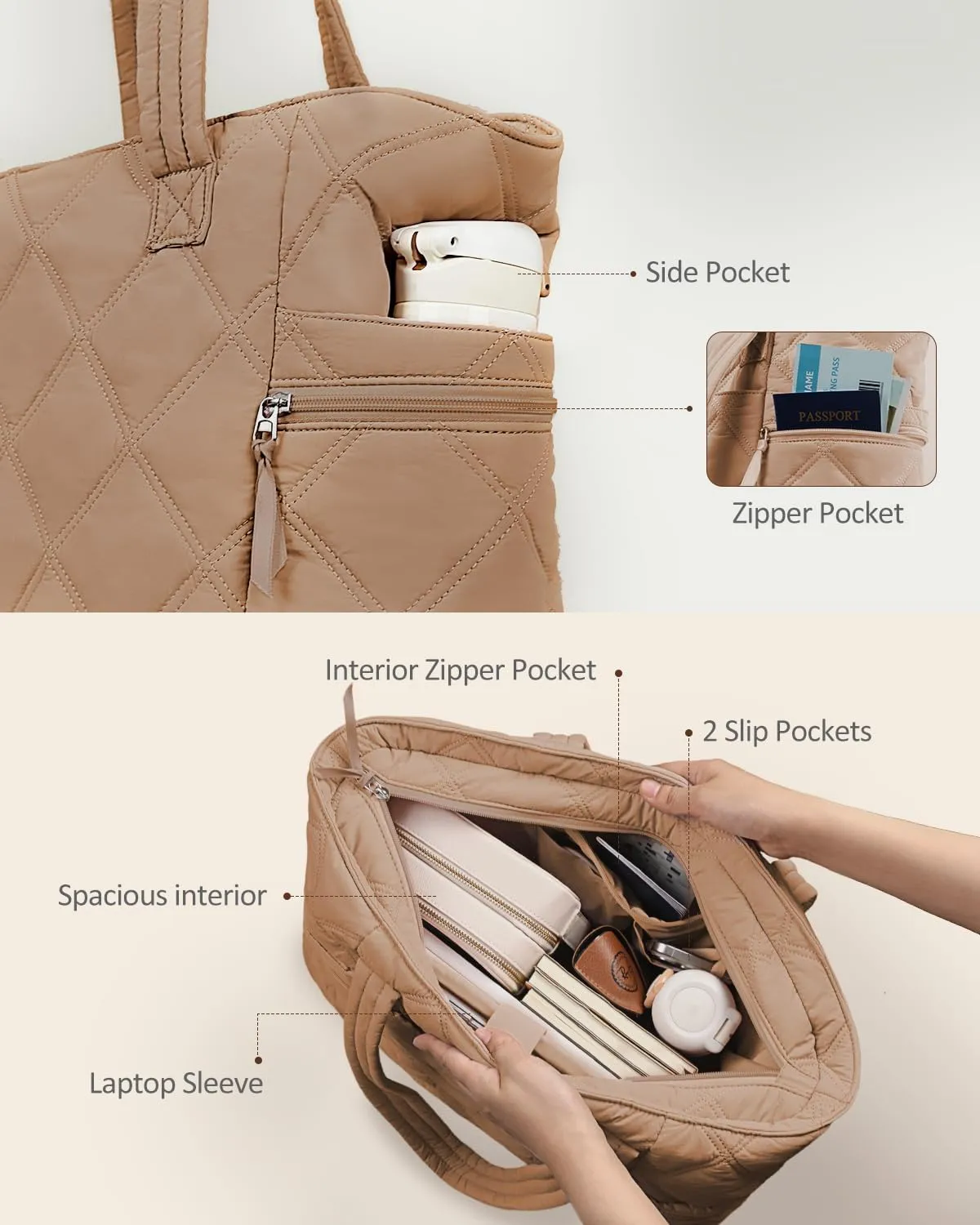 Prite Quilted Tote Bag for Women, Lightweight Puffer Tote with Zipper, Travel Work Nurse Gym Bag
