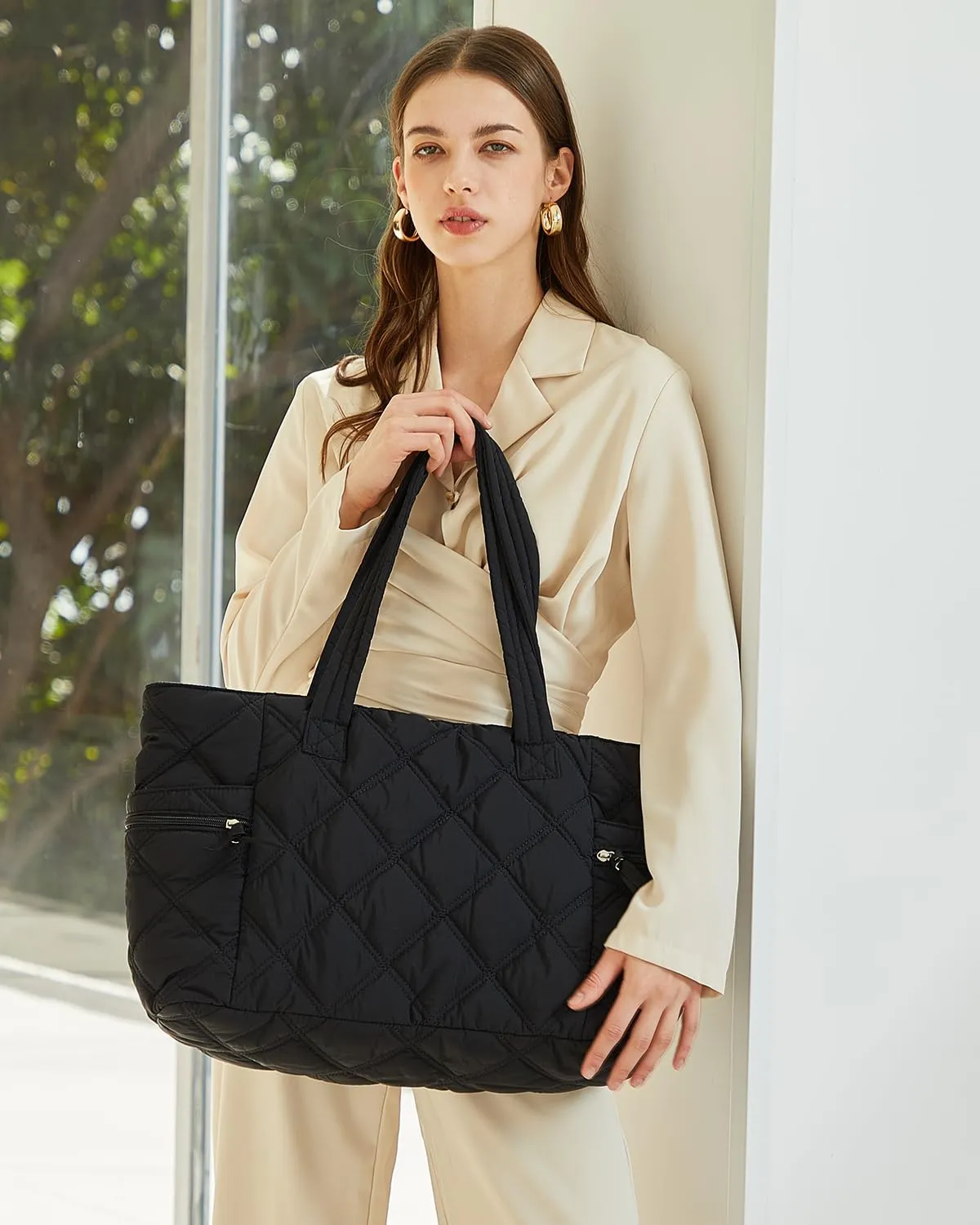 Prite Quilted Tote Bag for Women, Lightweight Puffer Tote with Zipper, Travel Work Nurse Gym Bag