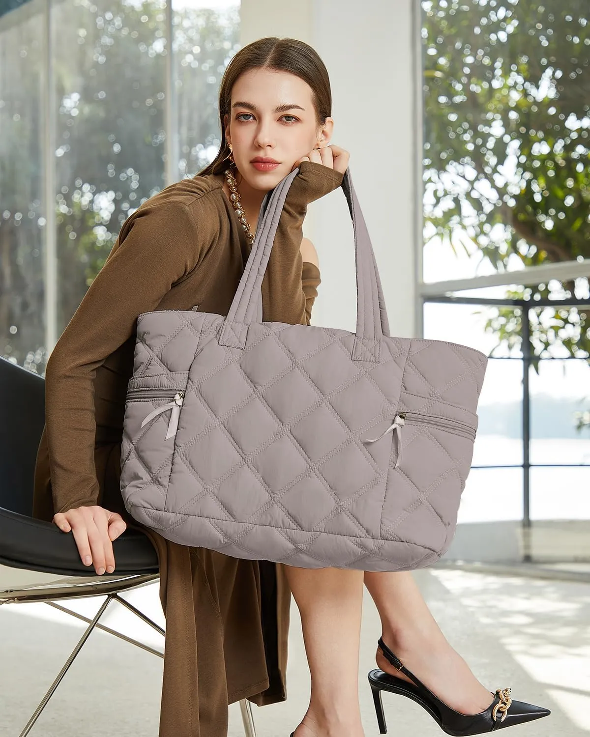 Prite Quilted Tote Bag for Women, Lightweight Puffer Tote with Zipper, Travel Work Nurse Gym Bag