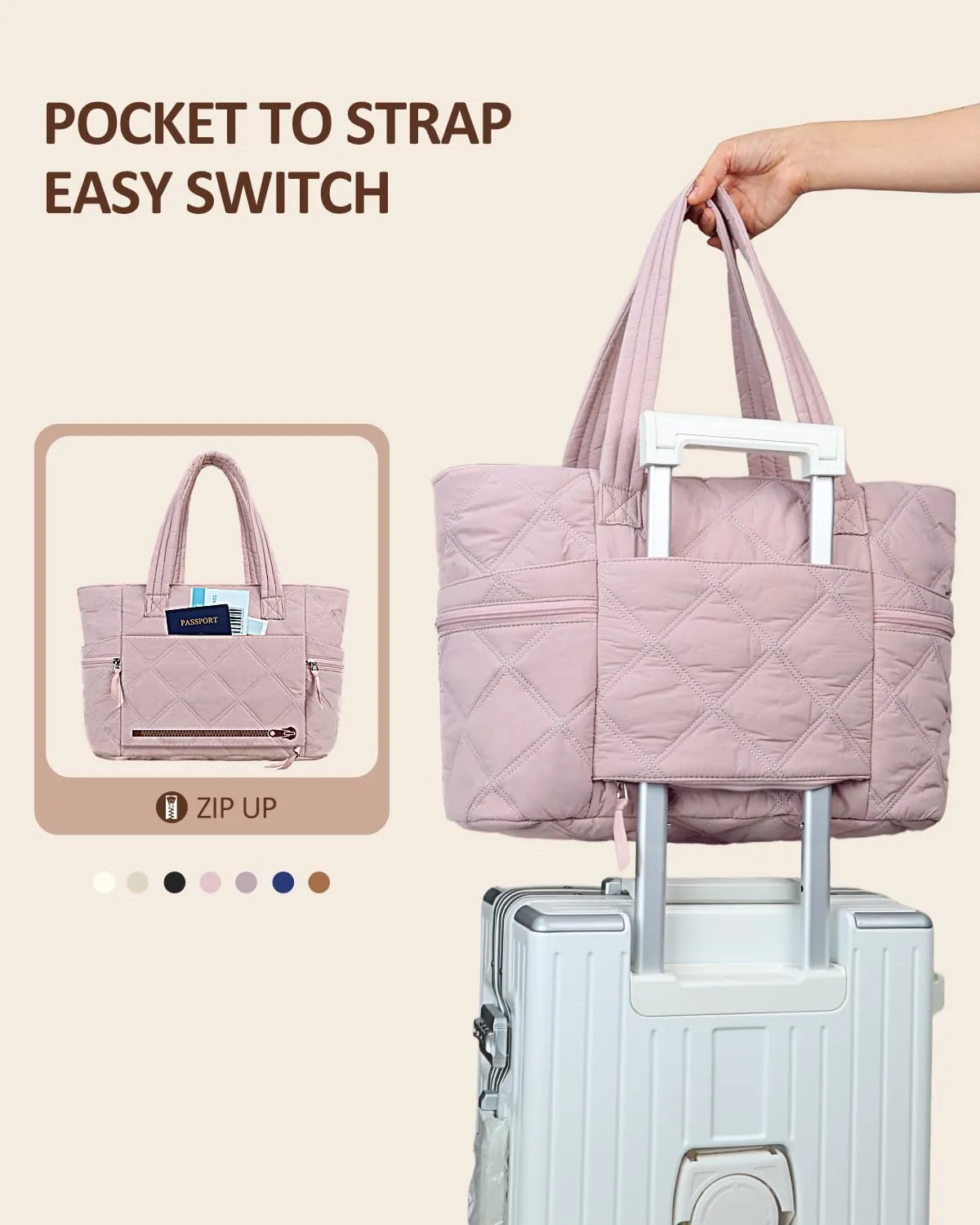Prite Quilted Tote Bag for Women, Lightweight Puffer Tote with Zipper, Travel Work Nurse Gym Bag