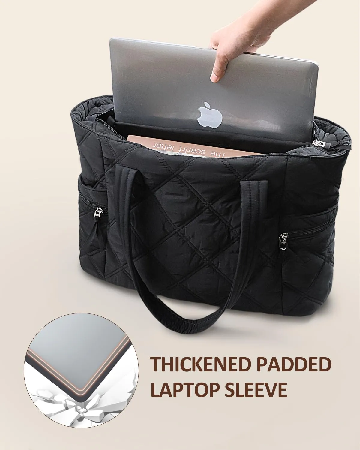 Prite Quilted Tote Bag for Women, Lightweight Puffer Tote with Zipper, Travel Work Nurse Gym Bag