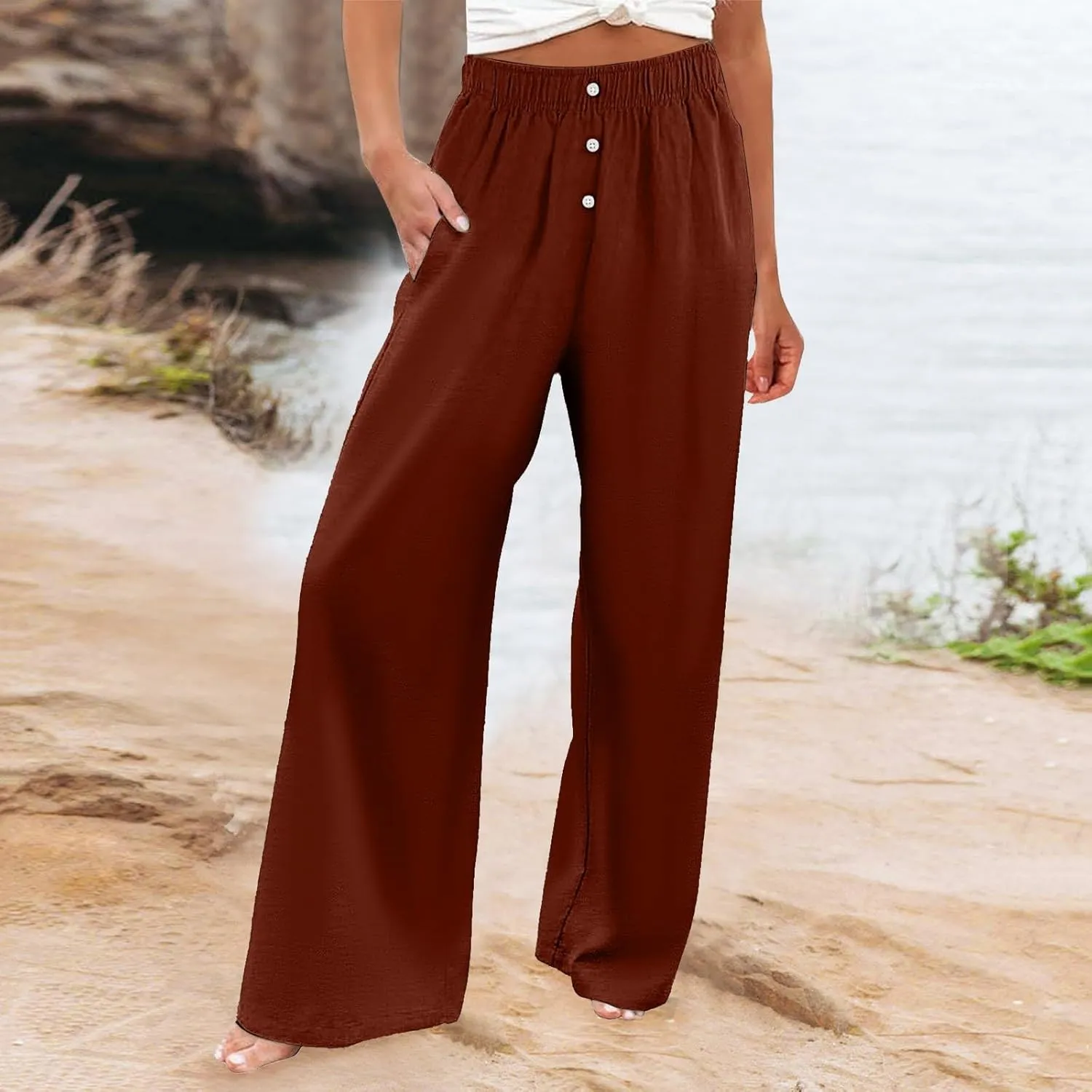 PTOLOCIF Cotton Linen Pants for Women Summer Drawstring Elastic Waist Pants Wide Leg Cropped Lounge Trousers with Pockets