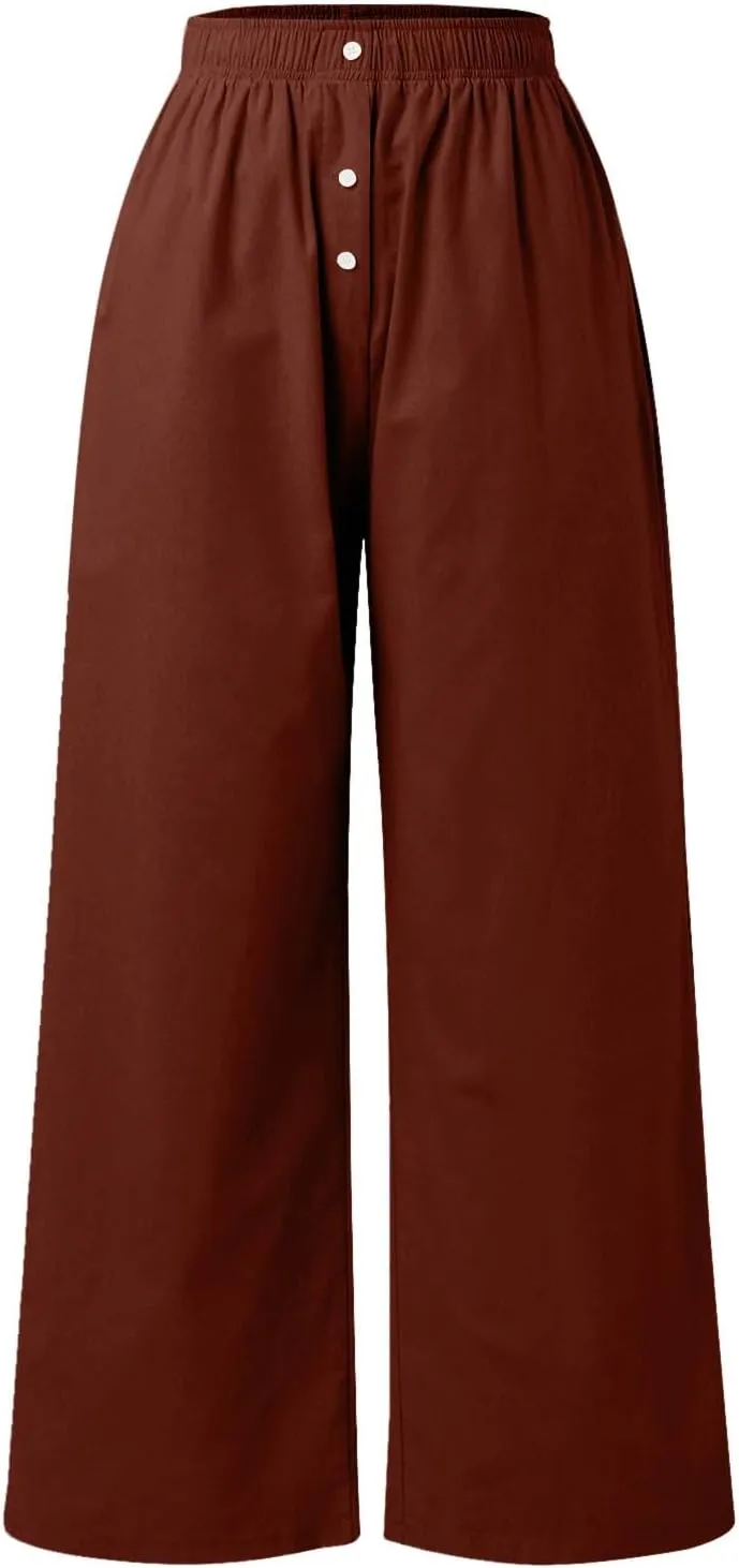 PTOLOCIF Cotton Linen Pants for Women Summer Drawstring Elastic Waist Pants Wide Leg Cropped Lounge Trousers with Pockets